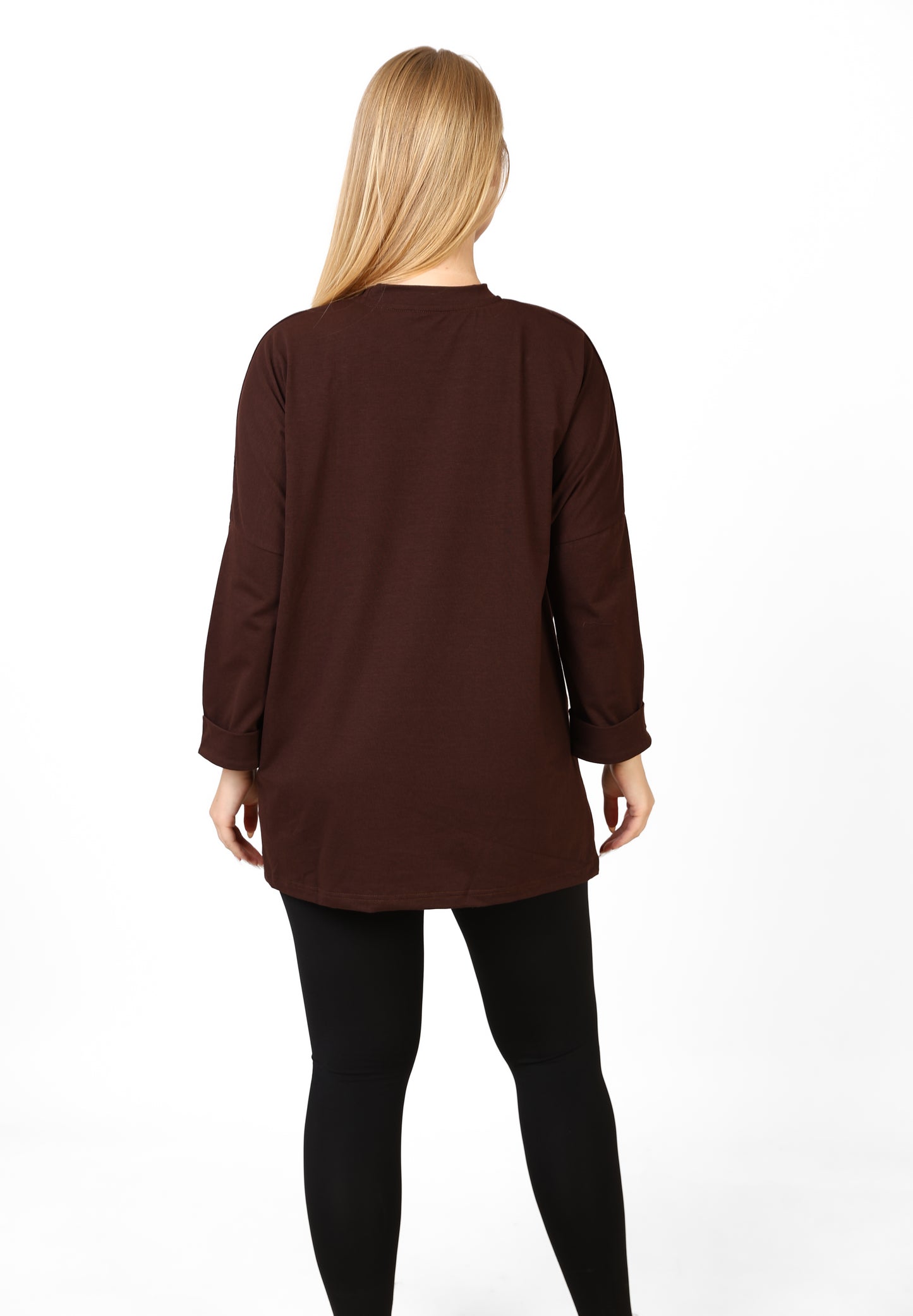 Women’s Oversized Long Sleeve High-Low Cotton Top – Chocolate Brown