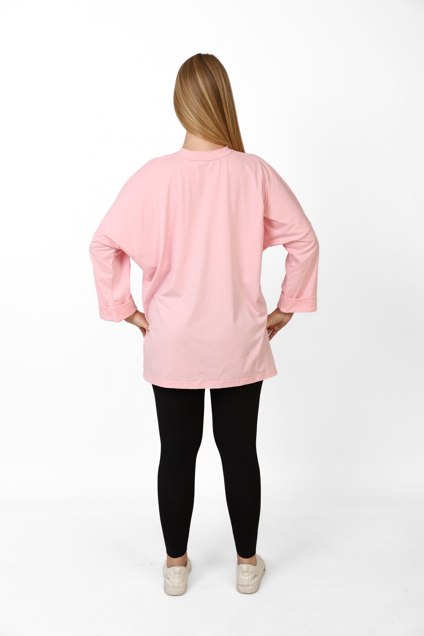 Women’s Oversized Long Sleeve High-Low Cotton Top – Light Pink