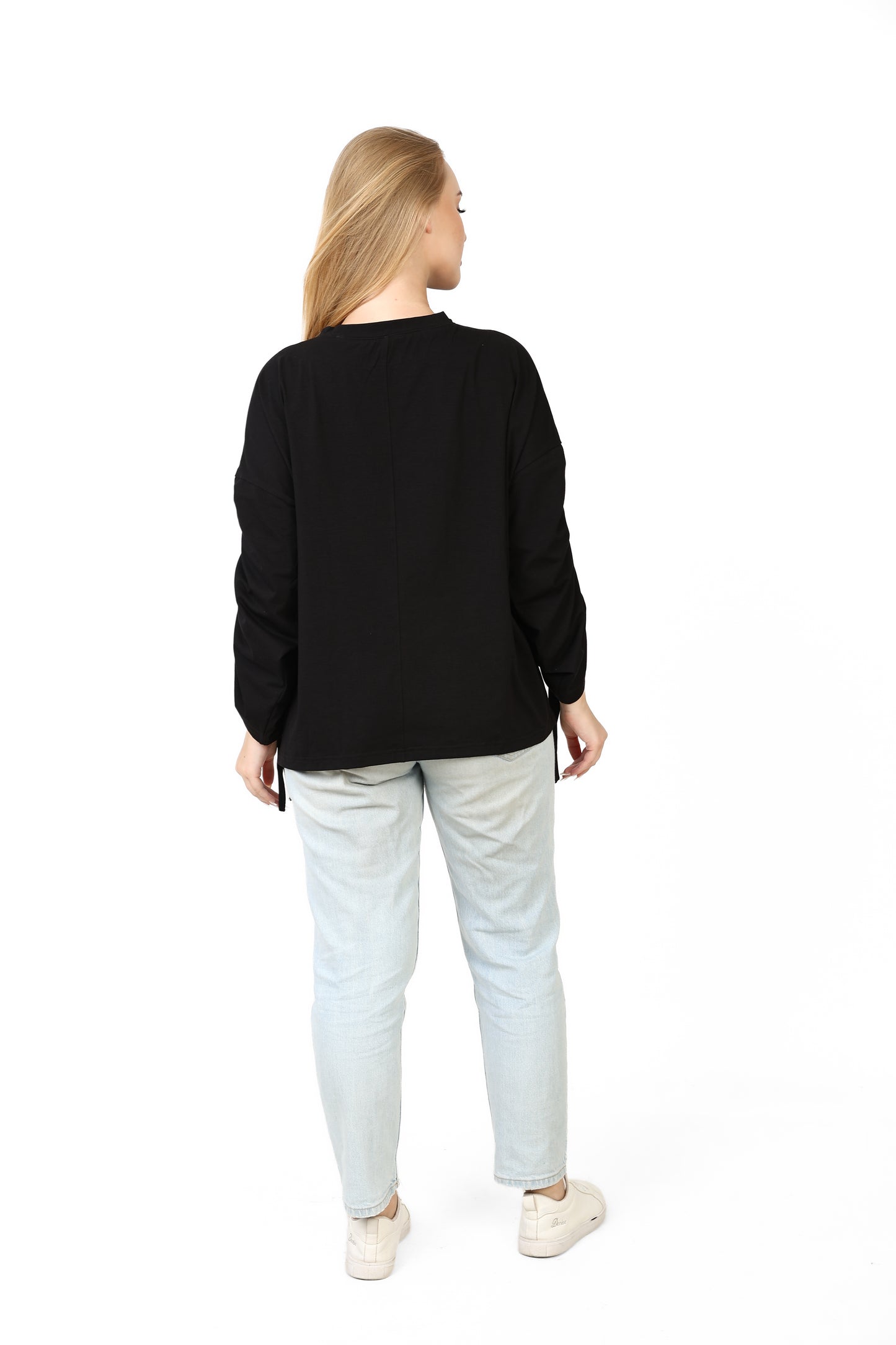 Women’s Adjustable Rushed sleeves oversized top Cotton – Black