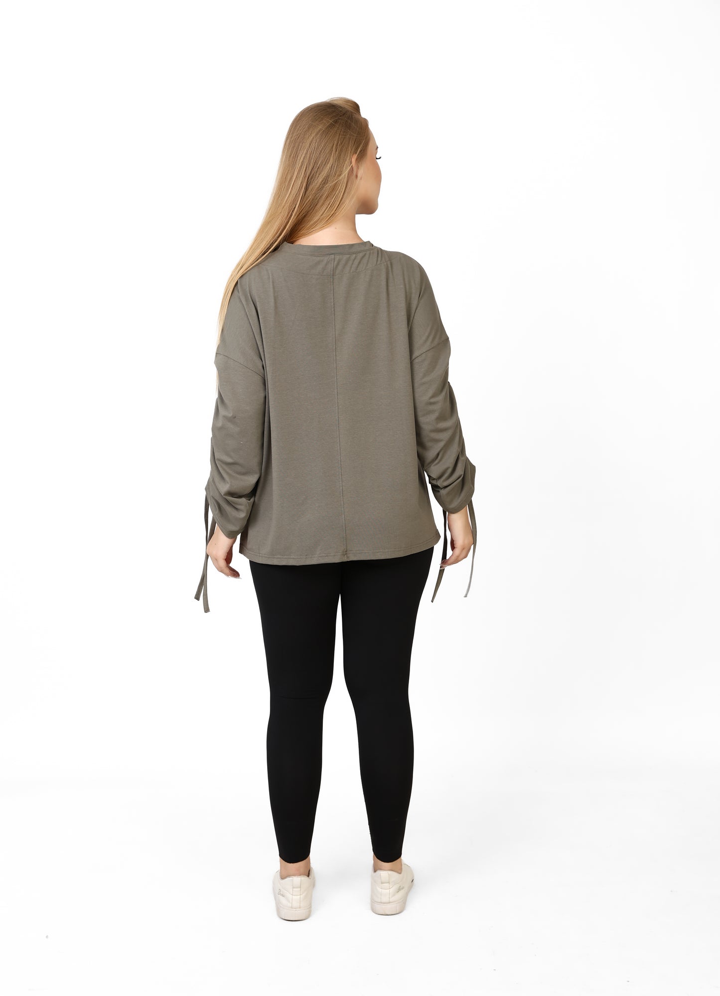 Women’s Adjustable Rushed sleeves oversized top Cotton – olive green