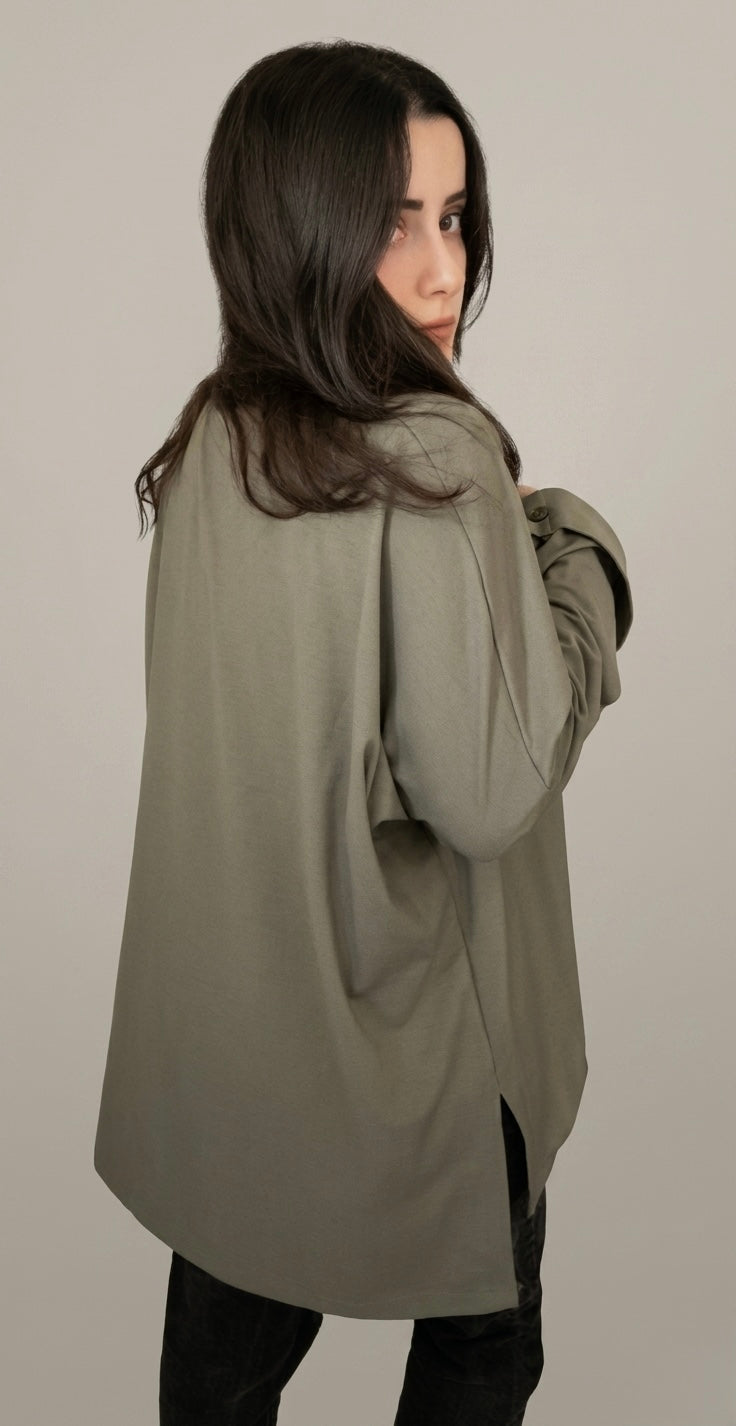 Women’s Oversized Long Sleeve High-Low Cotton Top – Olive Green