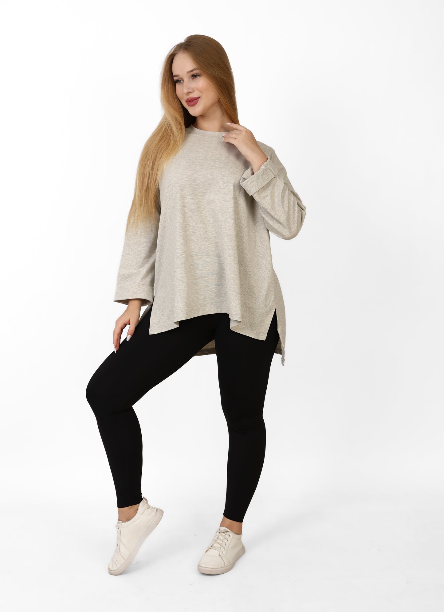 Women’s Oversized Long Sleeve High-Low Cotton Top – light grey