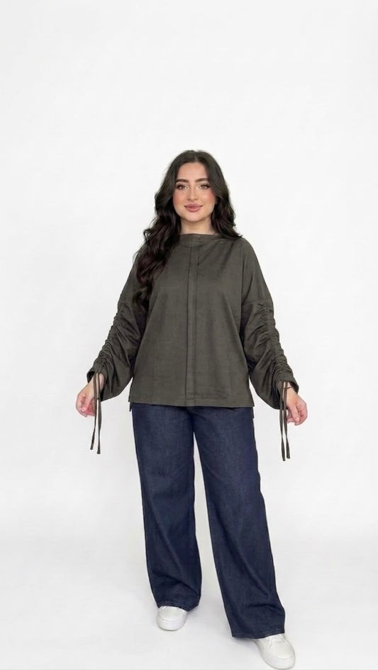 Women’s Adjustable Rushed sleeves top Cotton – olive green