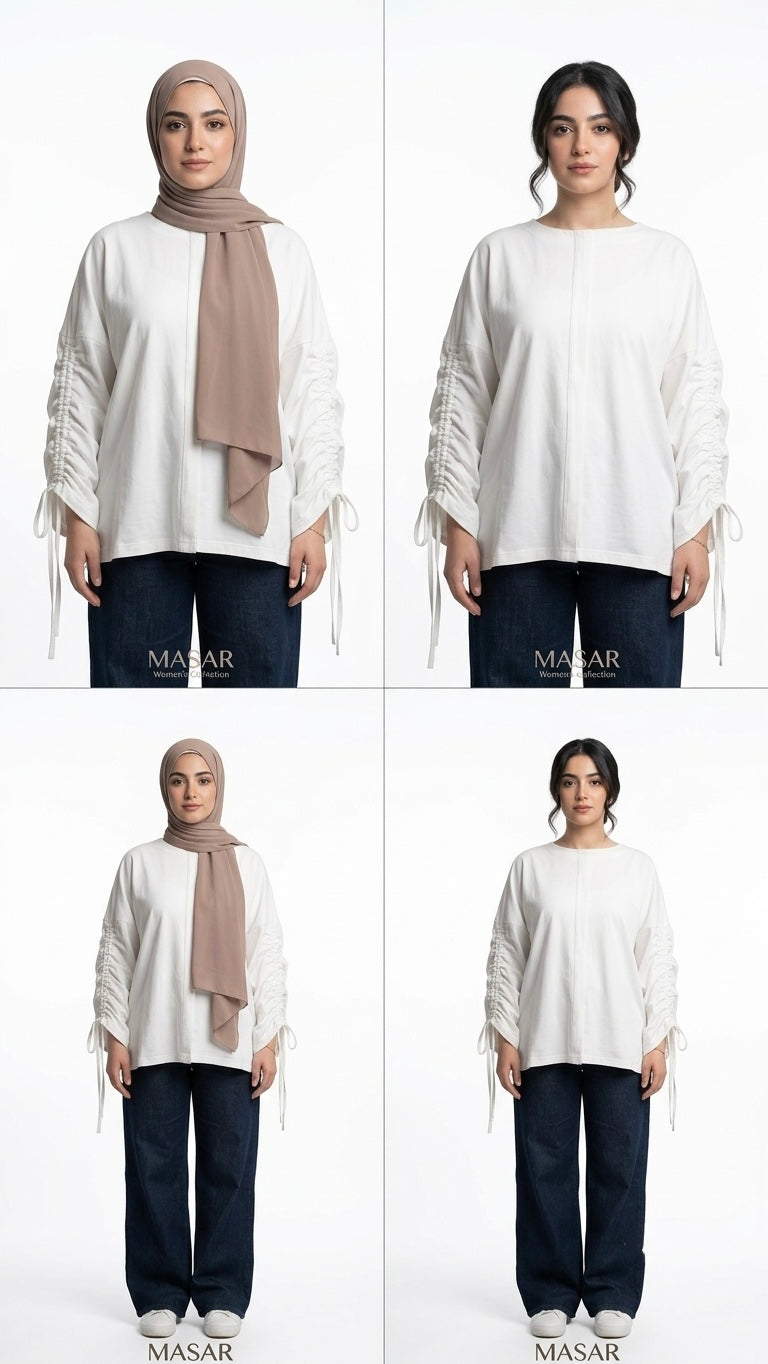 Women’s Adjustable Rushed sleeves oversized top Cotton – White