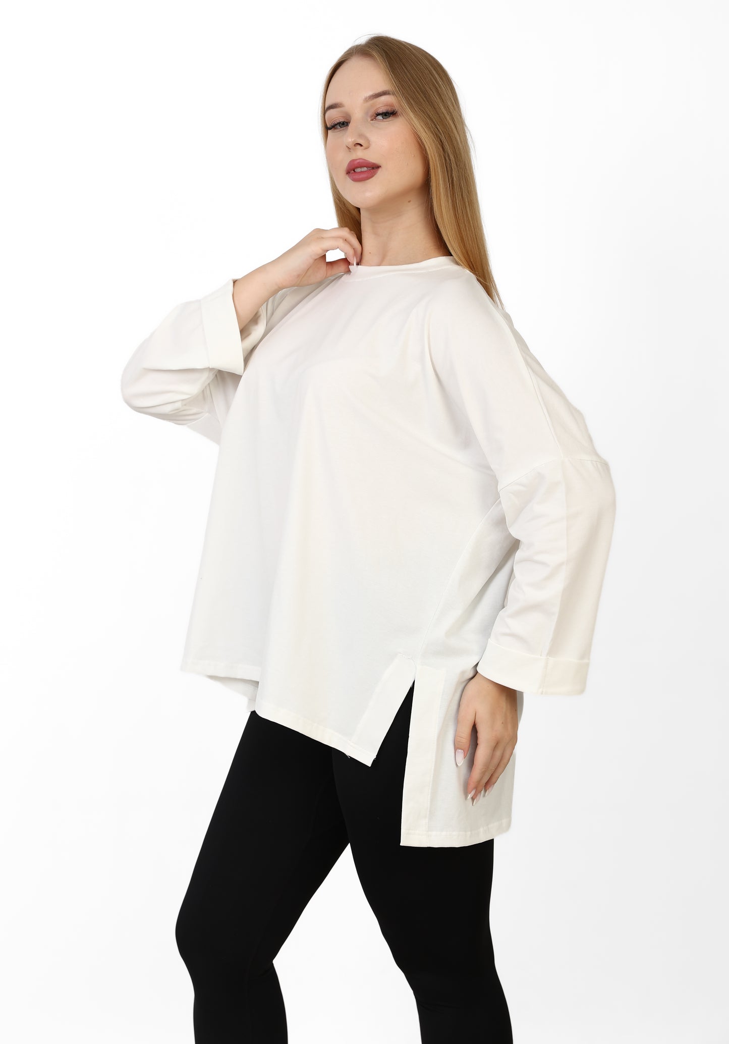 Women’s Oversized Long Sleeve Tunic – Side Slit Modest Top | Ivory