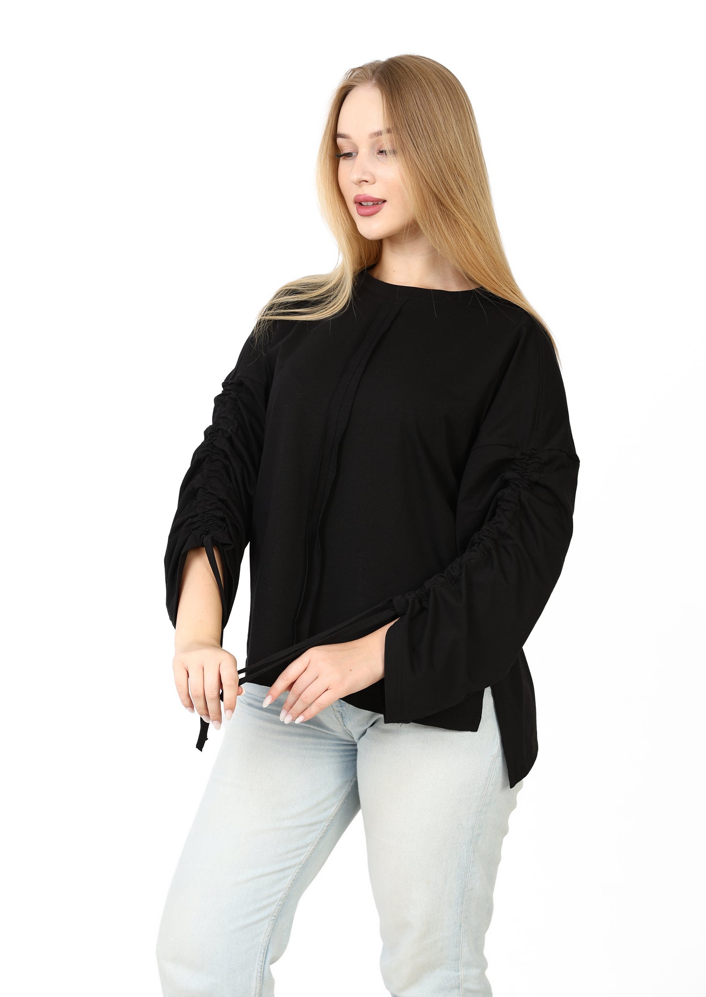 Women’s Adjustable Rushed sleeves oversized top Cotton – Black