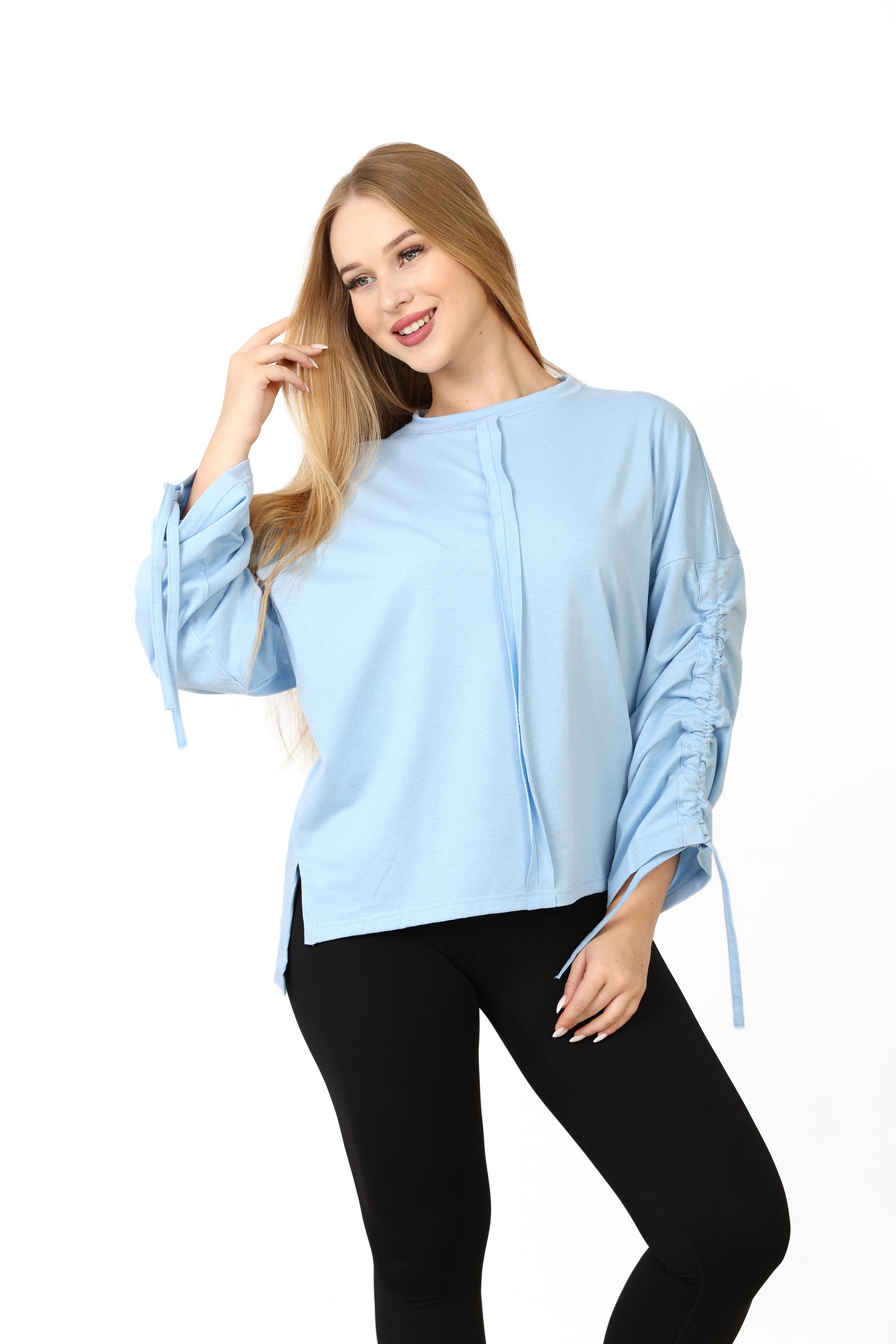 Women’s Adjustable Rushed sleeves oversized top Cotton – Baby Blue