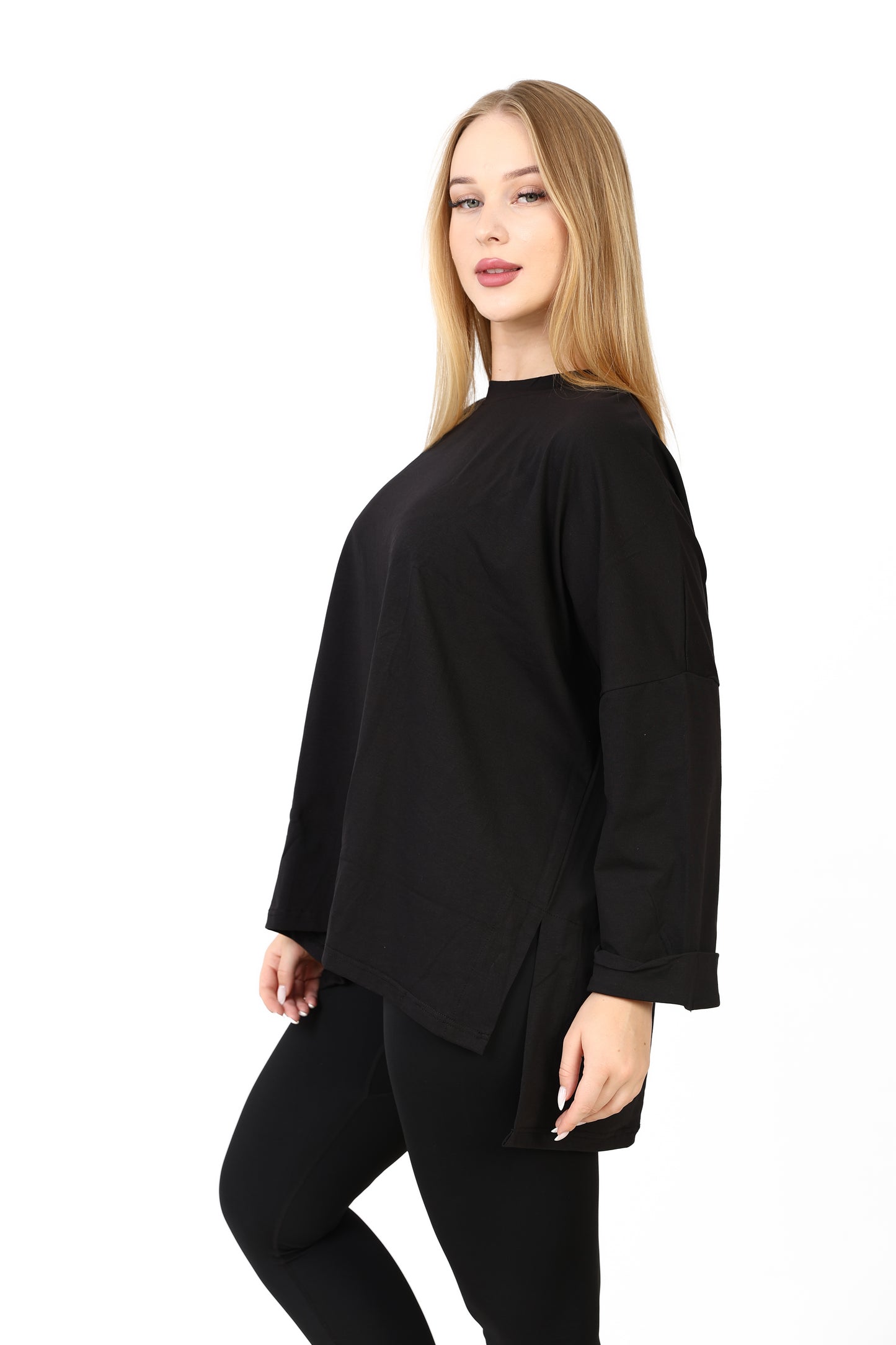 Women’s Oversized Long Sleeve High-Low Cotton Top – Black