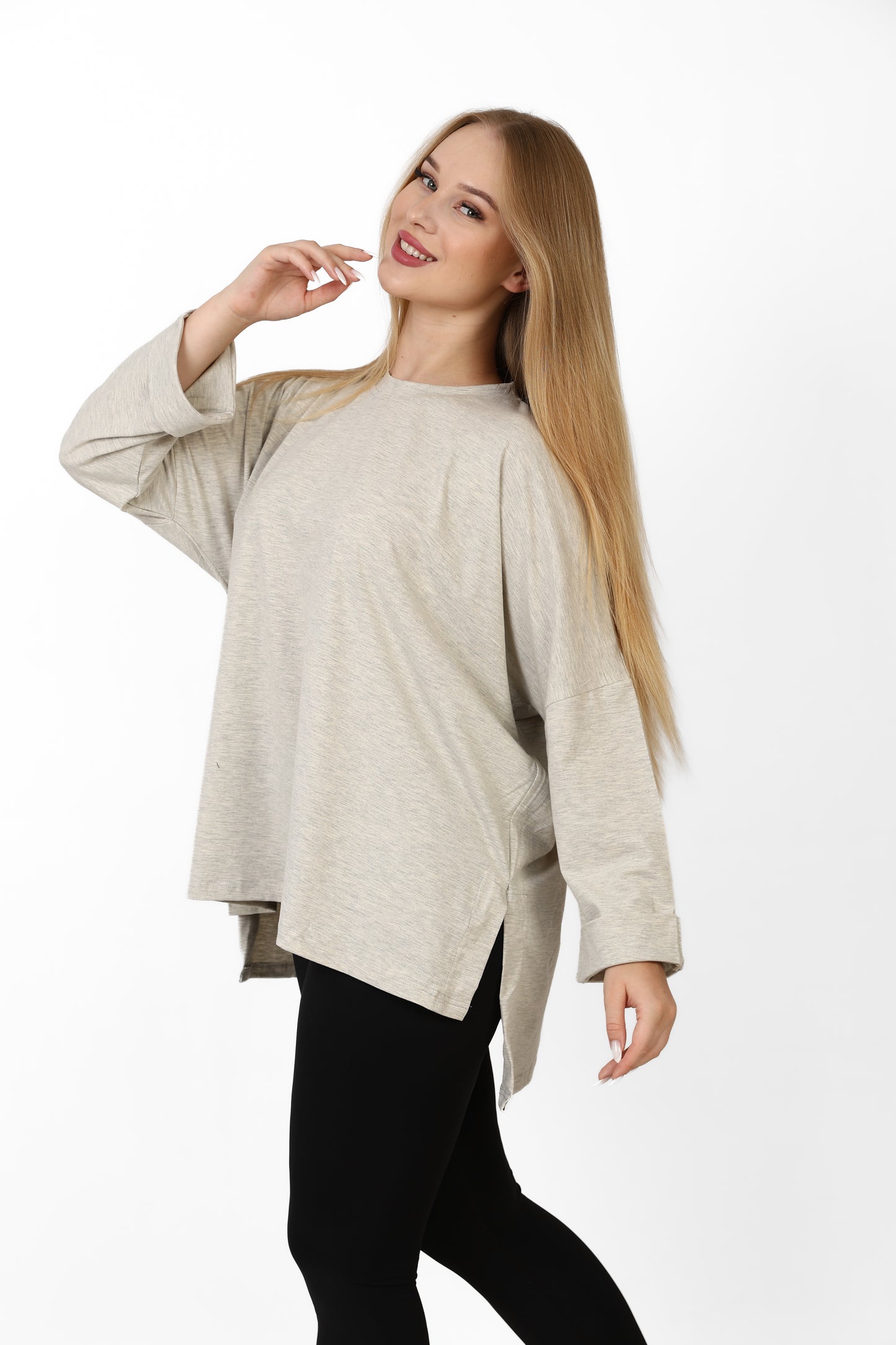 Women’s Oversized Long Sleeve High-Low Cotton Top – light grey