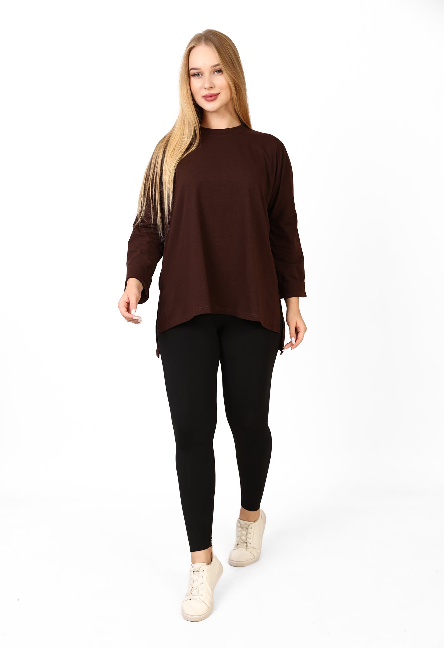 Women’s Oversized Long Sleeve High-Low Cotton Top – Chocolate Brown
