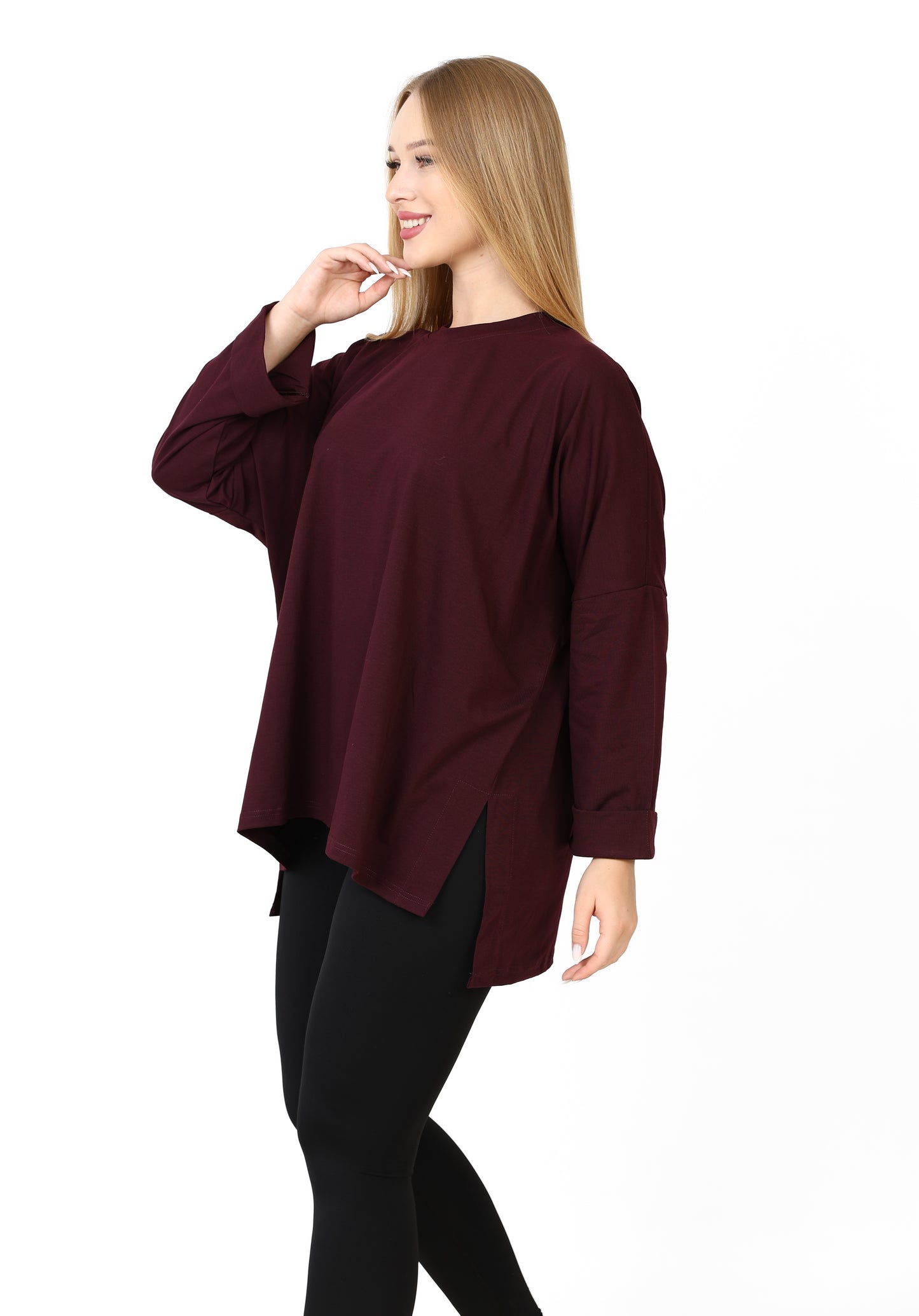 Women’s Oversized Long Sleeve Side Slit Top – Rich Burgundy