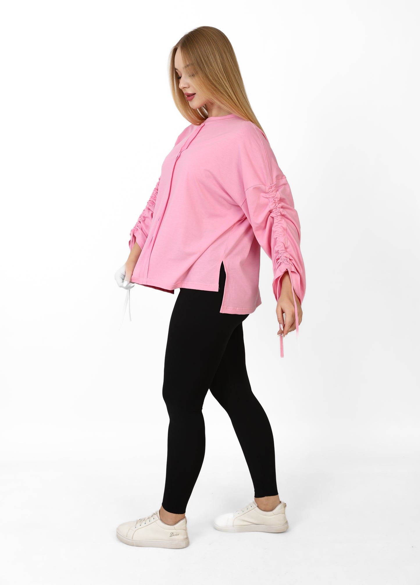 Women’s Adjustable Rushed sleeves oversized top Cotton – Light Pink