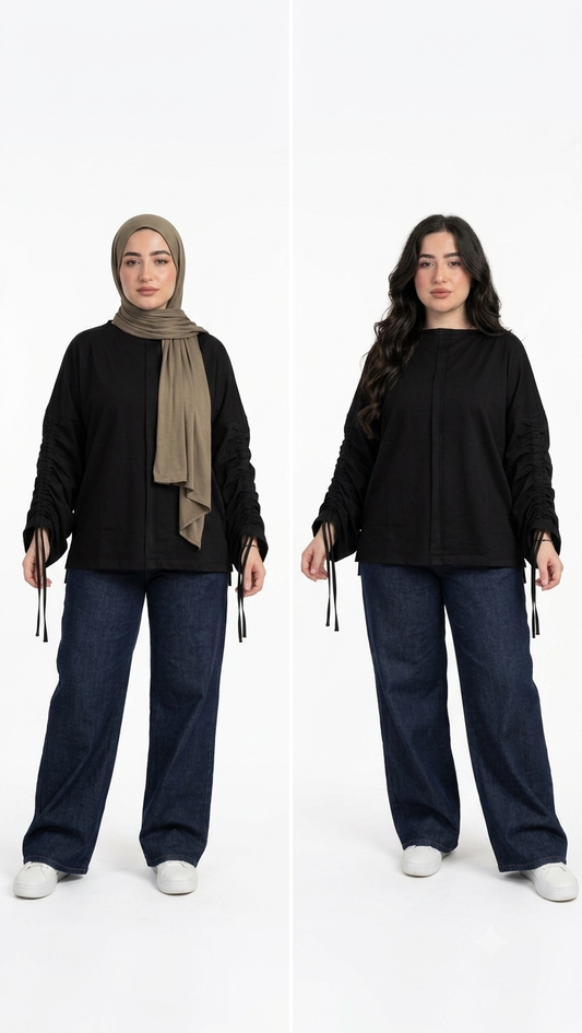 Women’s Adjustable Rushed sleeves oversized top Cotton – Black