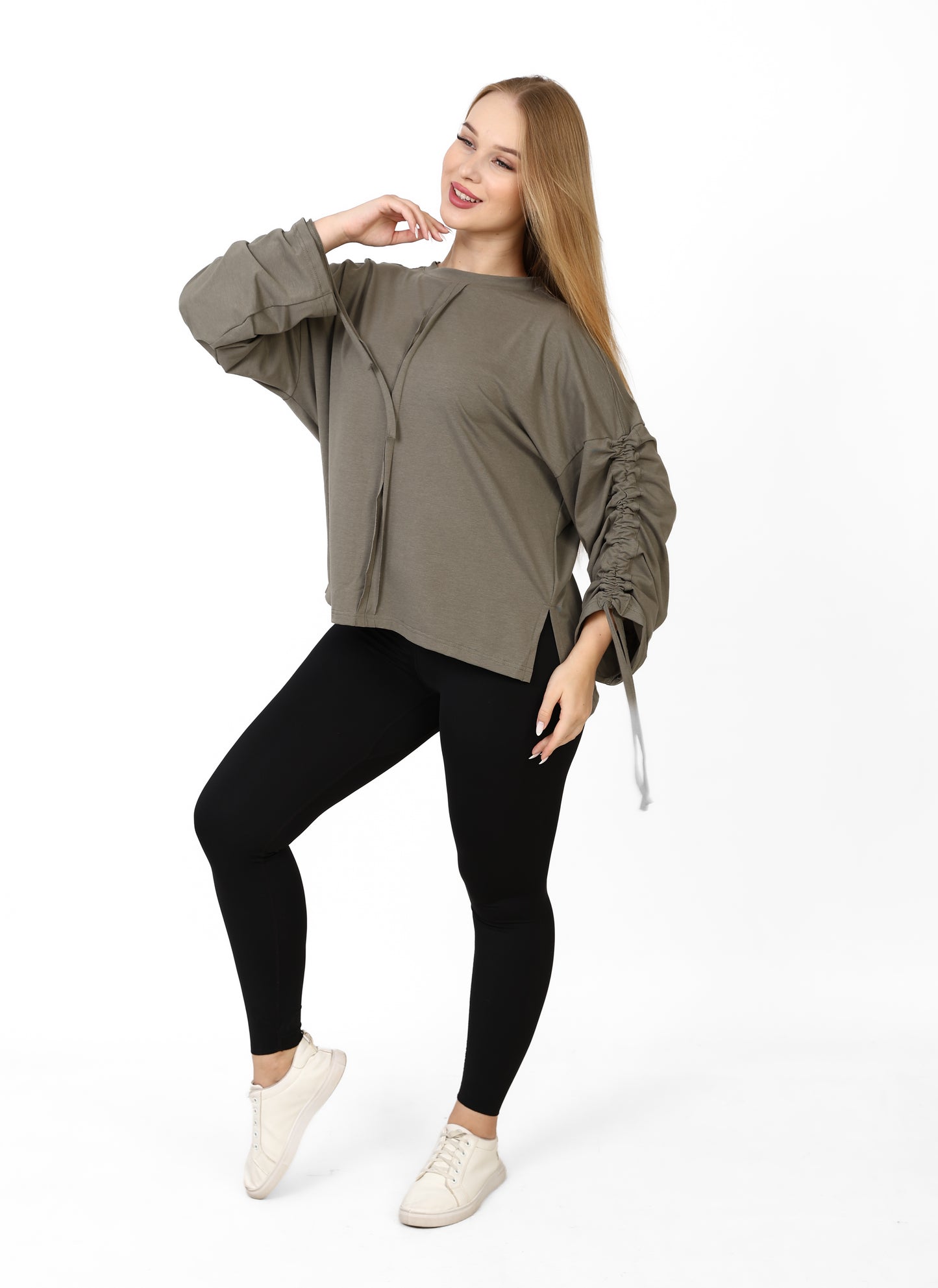 Women’s Adjustable Rushed sleeves oversized top Cotton – olive green