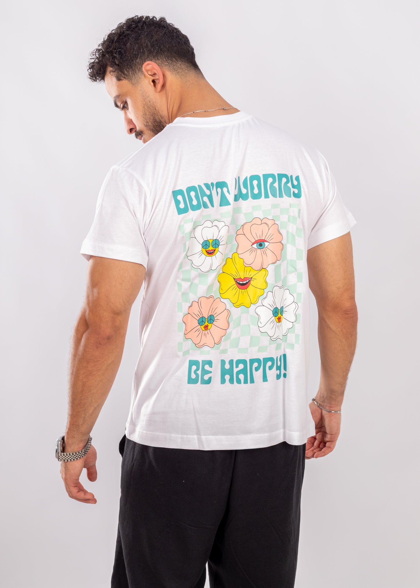 T-Shirt “Don’t Worry, Be Happy” – Peace Flowers Edition