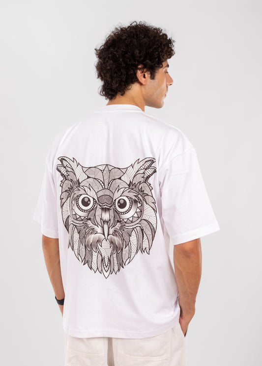 "Wise Vision" – White Owl Graphic Over Size T-Shirt