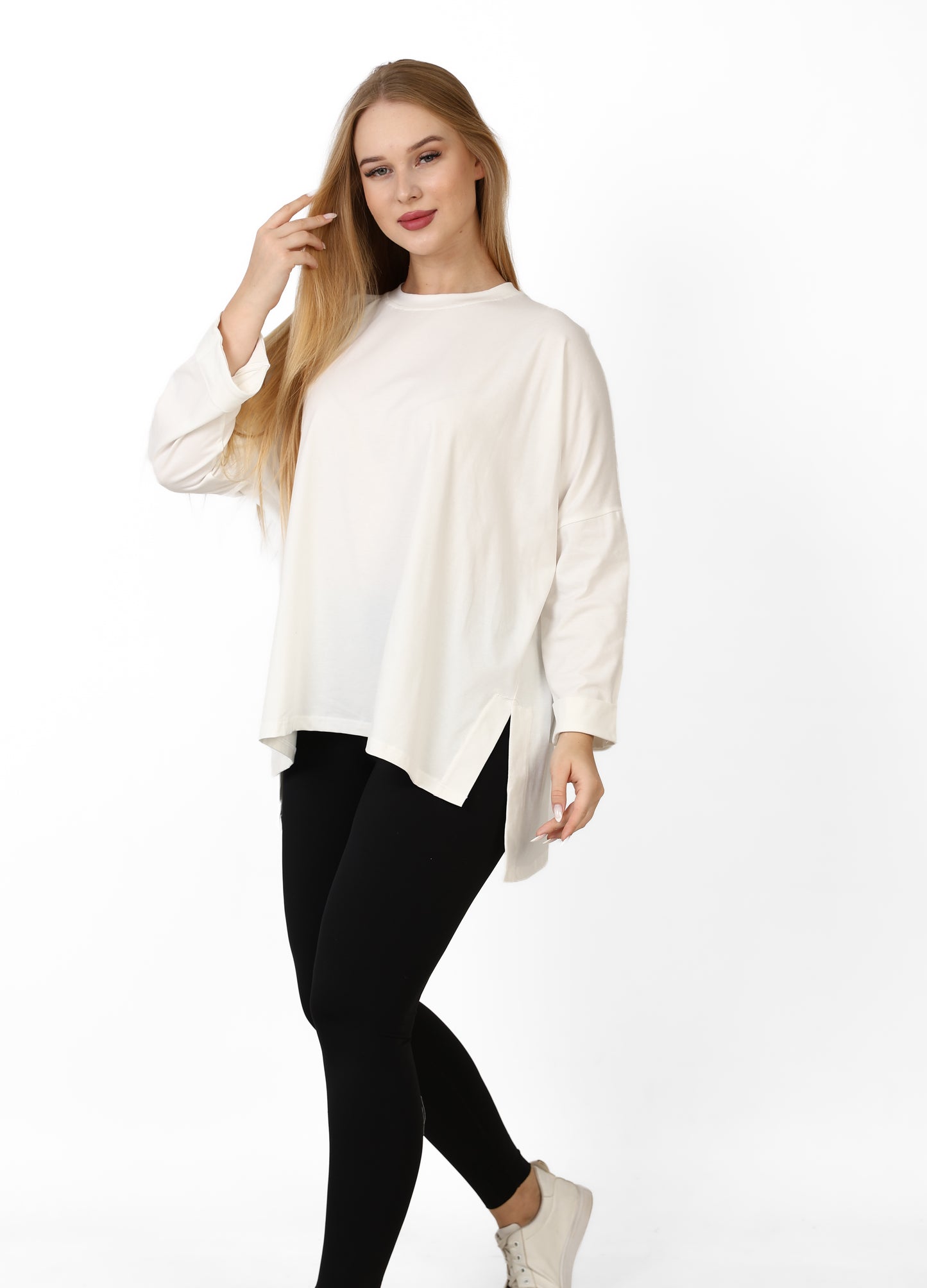 Women’s Oversized Long Sleeve Tunic – Side Slit Modest Top | Ivory