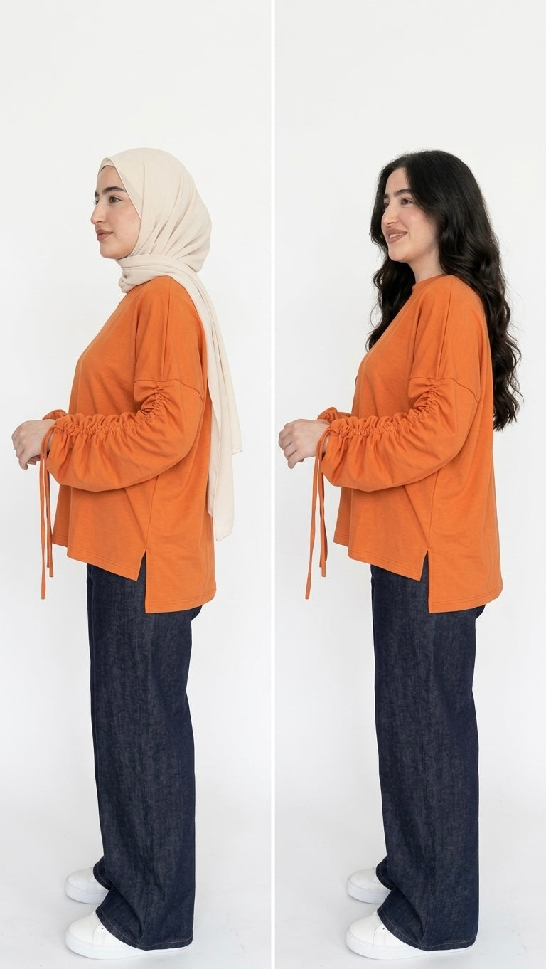 Women’s Adjustable Rushed sleeves oversized top Cotton – Orange