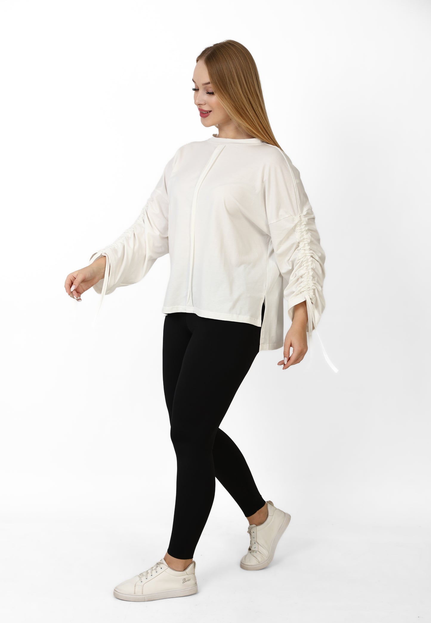 Women’s Adjustable Rushed sleeves oversized top Cotton – White