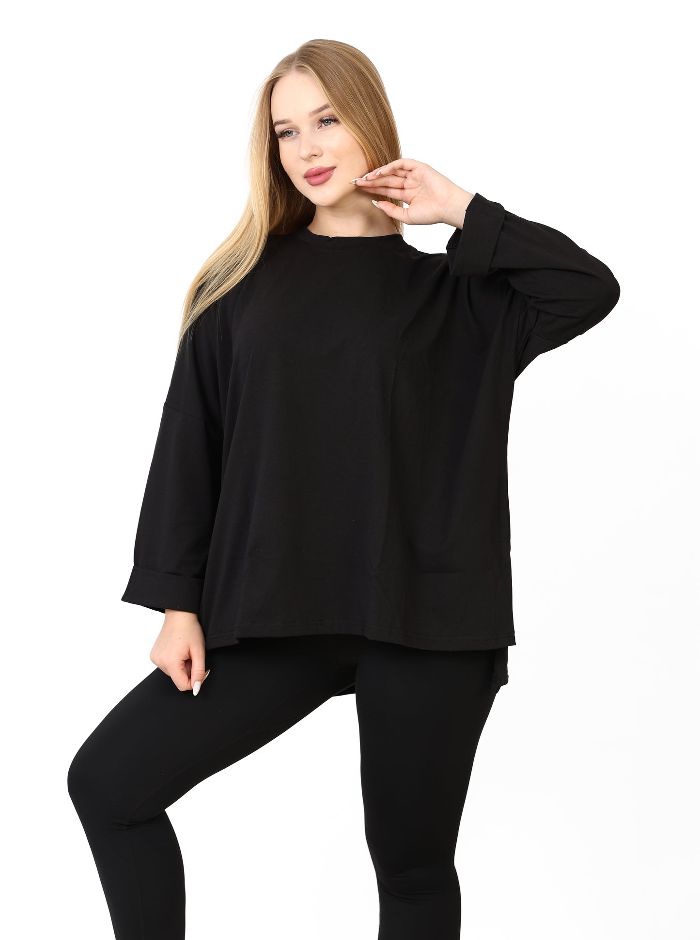 Women’s Oversized Long Sleeve High-Low Cotton Top – Black