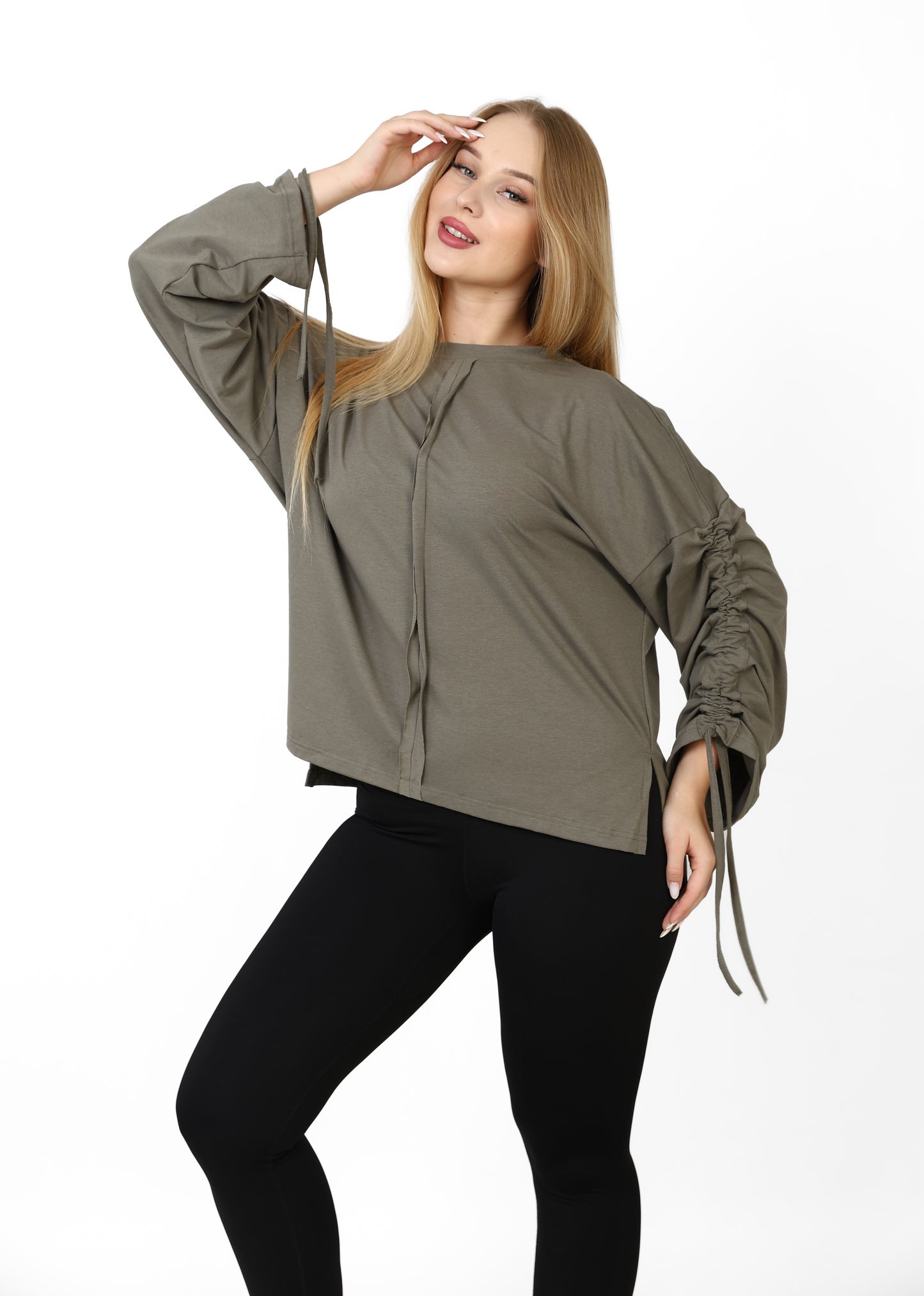 Women’s Adjustable Rushed sleeves oversized top Cotton – olive green