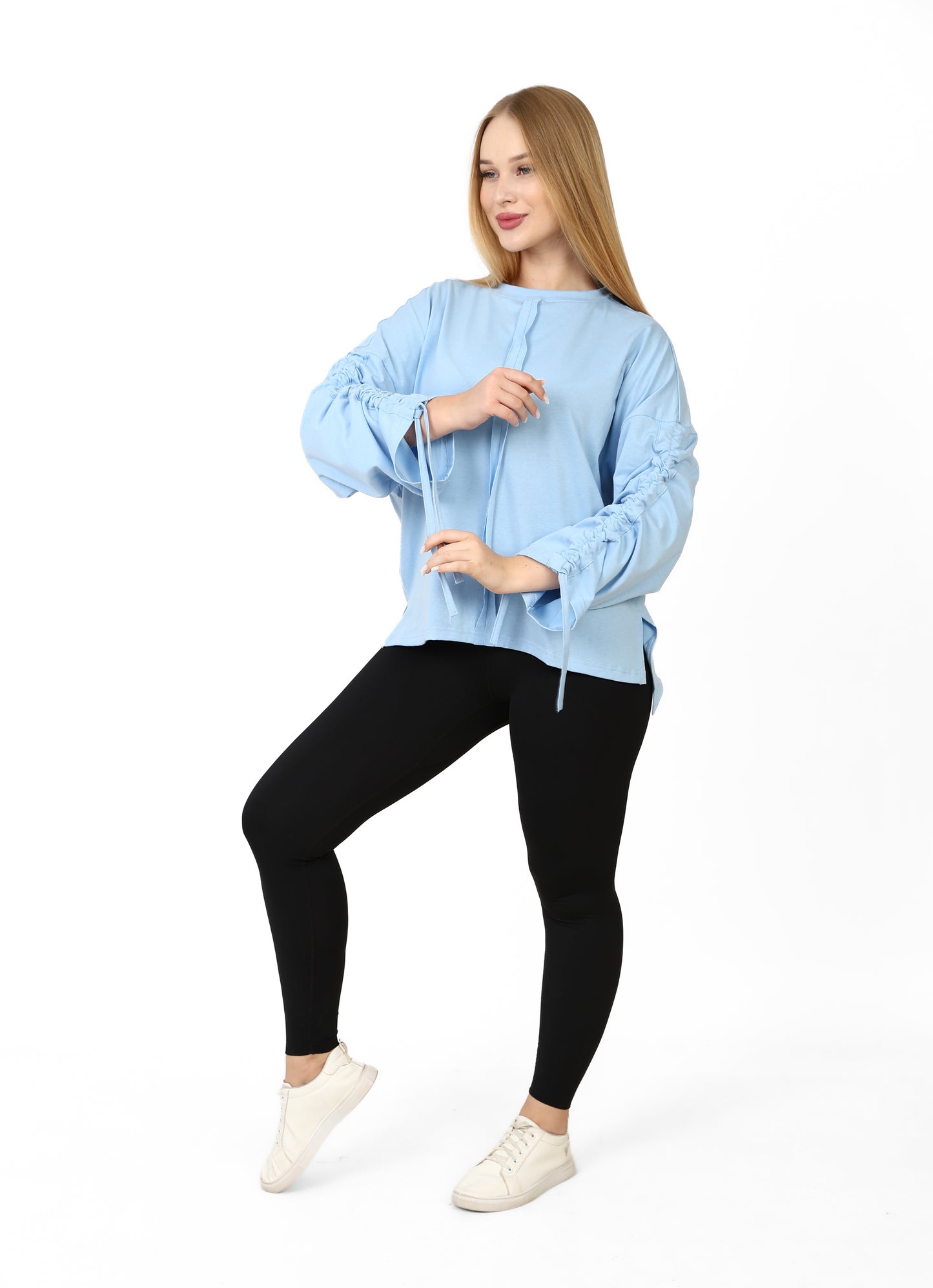 Women’s Adjustable Rushed sleeves oversized top Cotton – Baby Blue