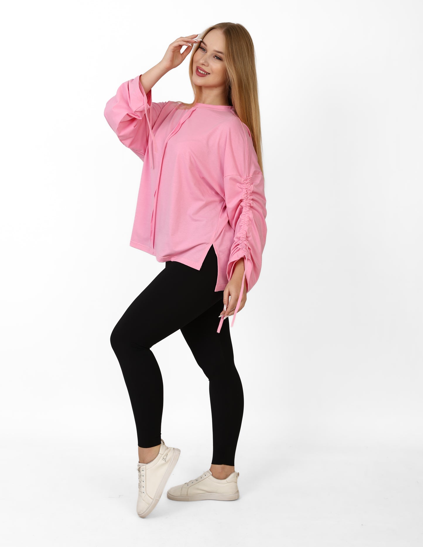 Women’s Adjustable Rushed sleeves oversized top Cotton – Light Pink