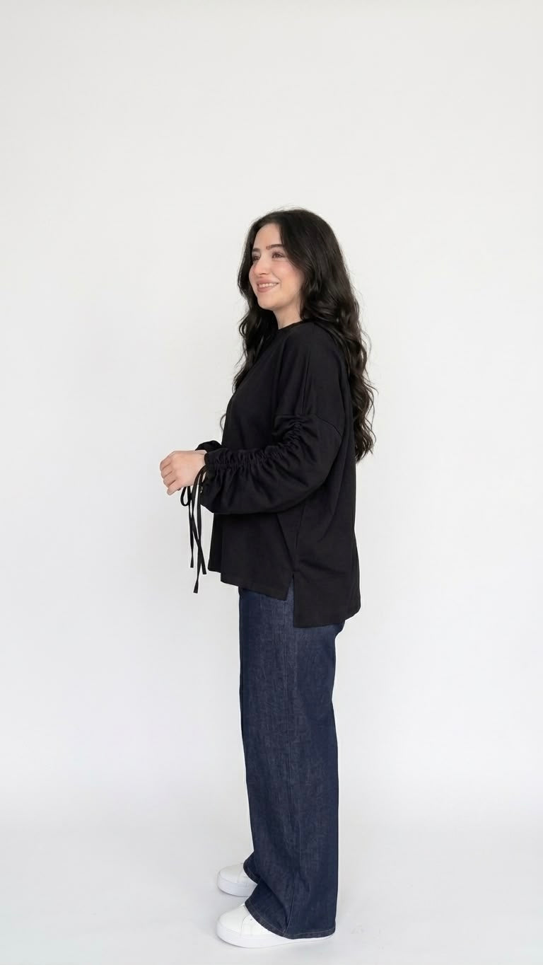 Women’s Adjustable Rushed sleeves oversized top Cotton – Black