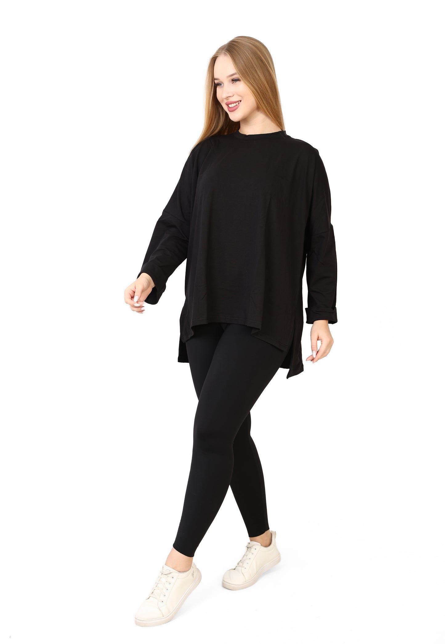 Women’s Oversized Long Sleeve High-Low Cotton Top – Black