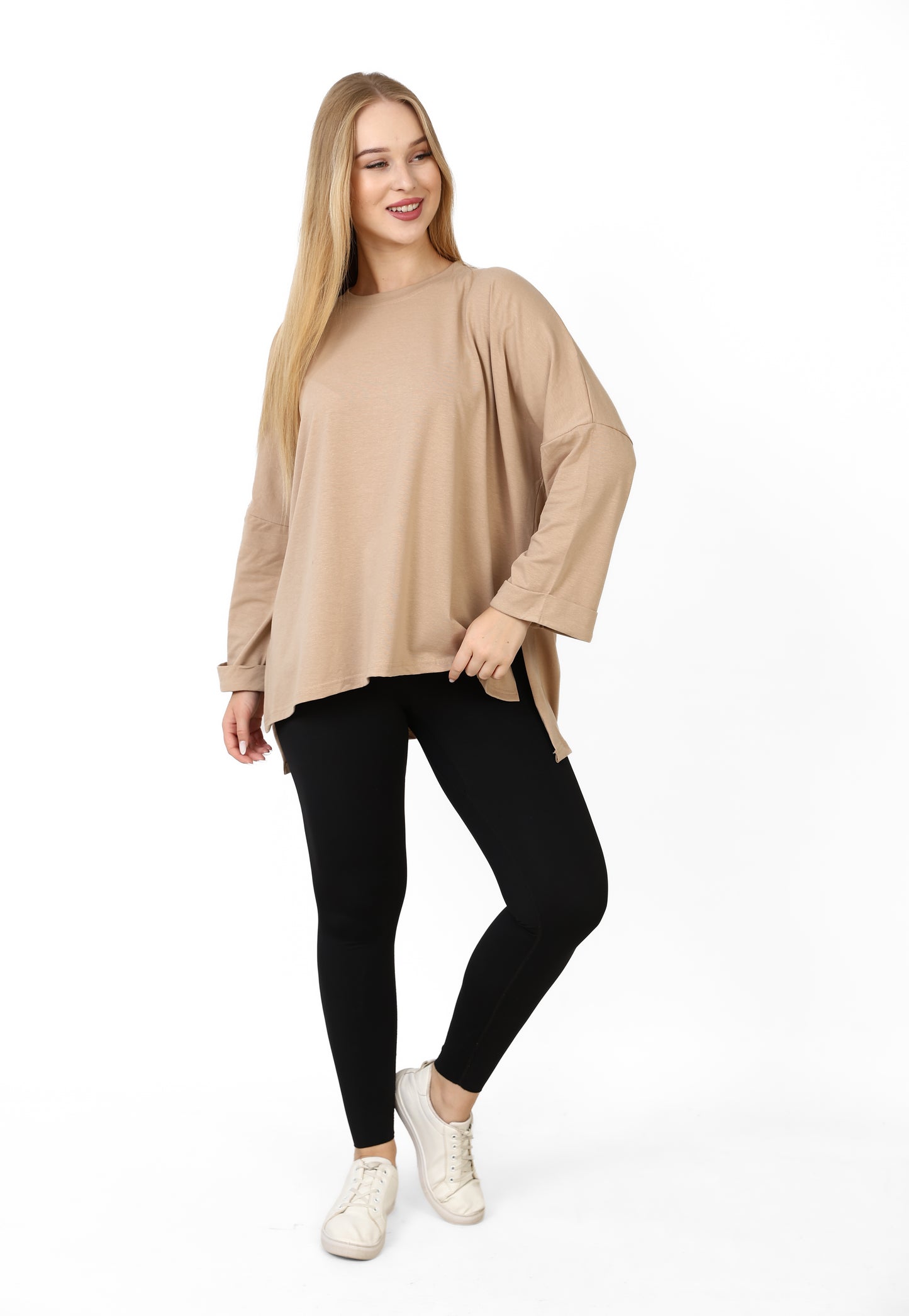 Women’s Oversized Long Sleeve High-Low Cotton Top – Beige