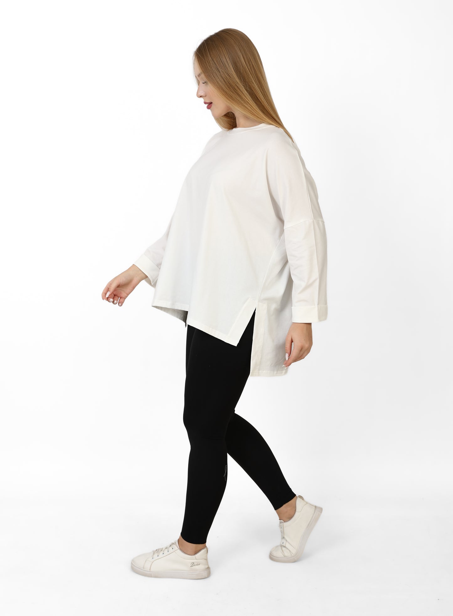 Women’s Oversized Long Sleeve Tunic – Side Slit Modest Top | Ivory