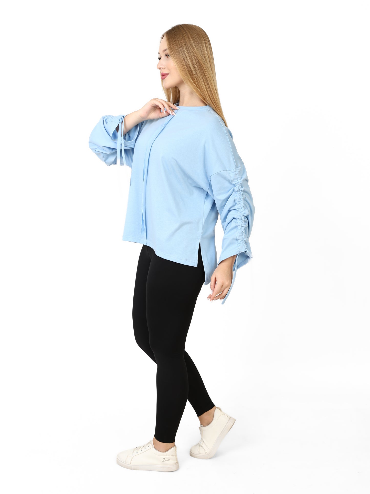Women’s Adjustable Rushed sleeves oversized top Cotton – Baby Blue