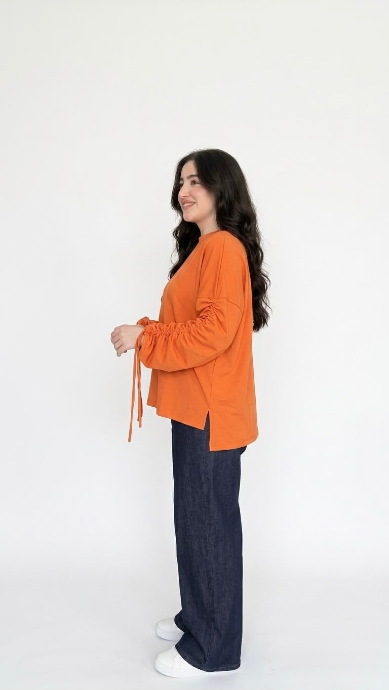 Women’s Adjustable Rushed sleeves oversized top Cotton – Orange