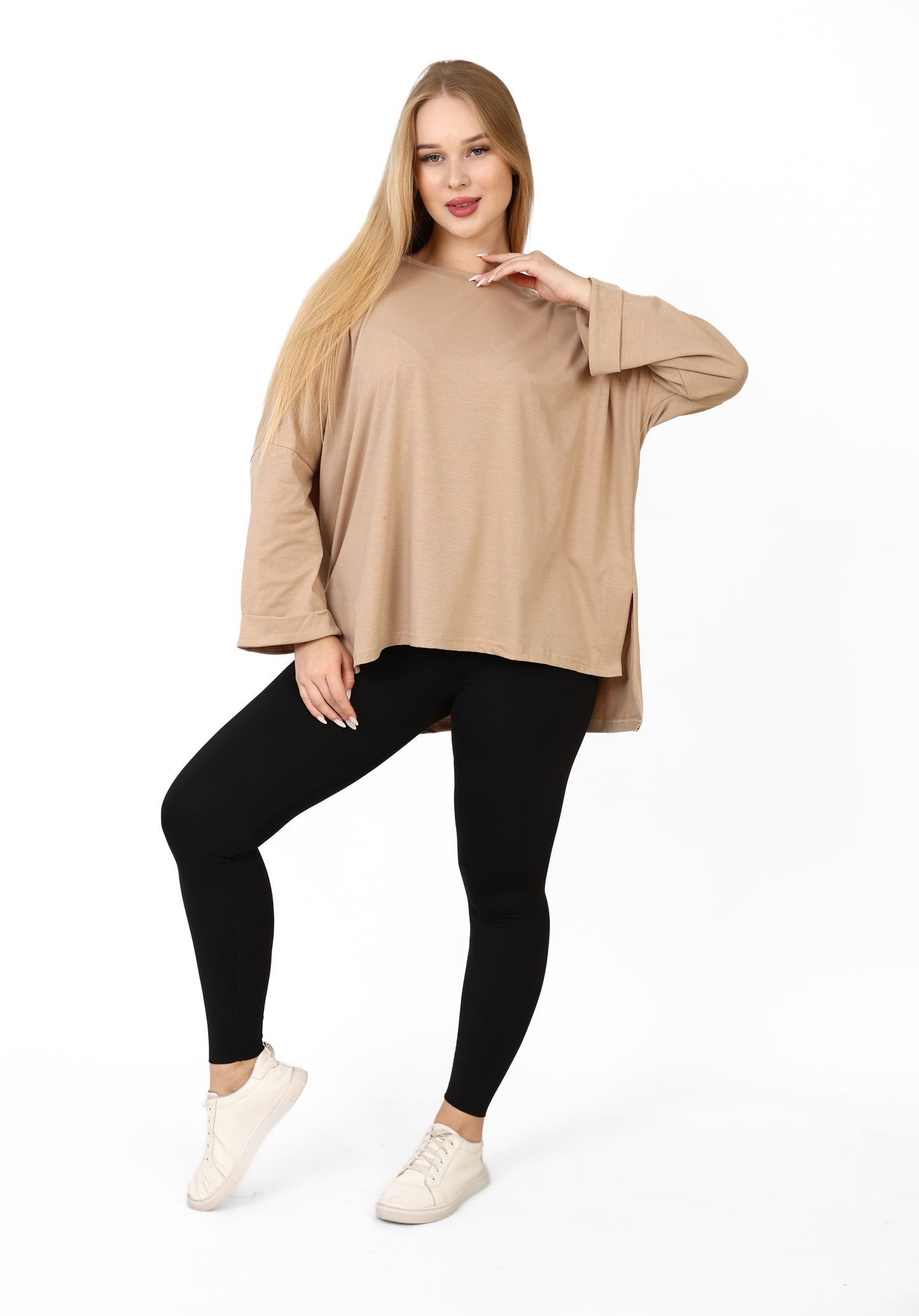 Women’s Oversized Long Sleeve High-Low Cotton Top – Beige