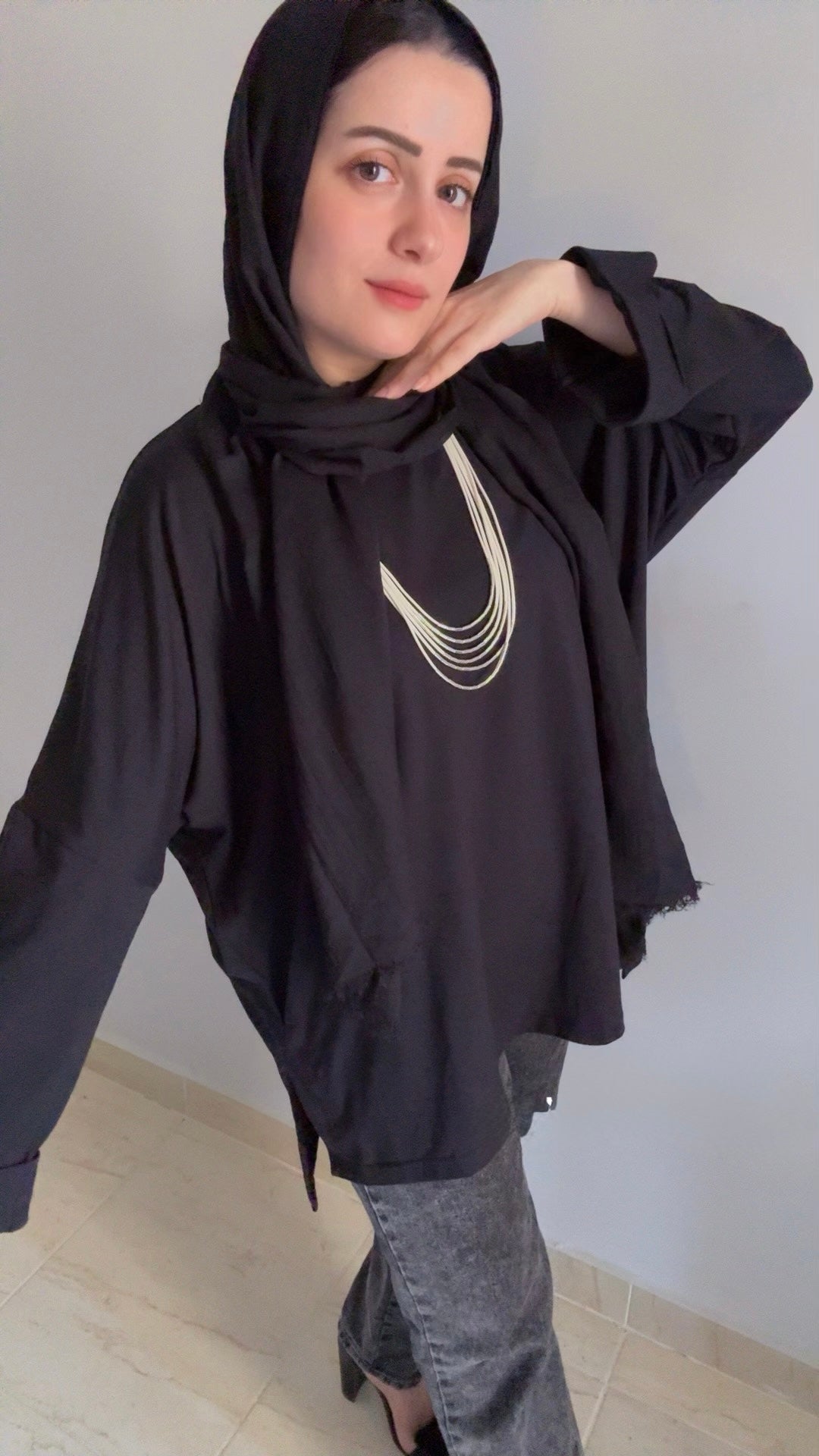 Women’s Oversized Long Sleeve High-Low Cotton Top – Black
