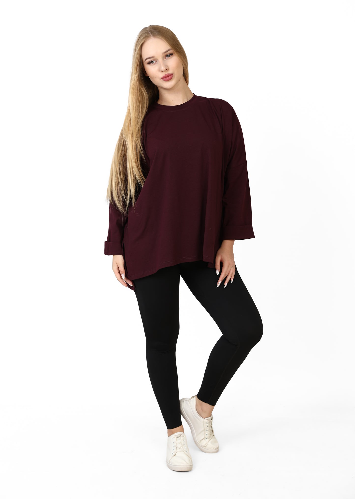Women’s Oversized Long Sleeve Side Slit Top – Rich Burgundy