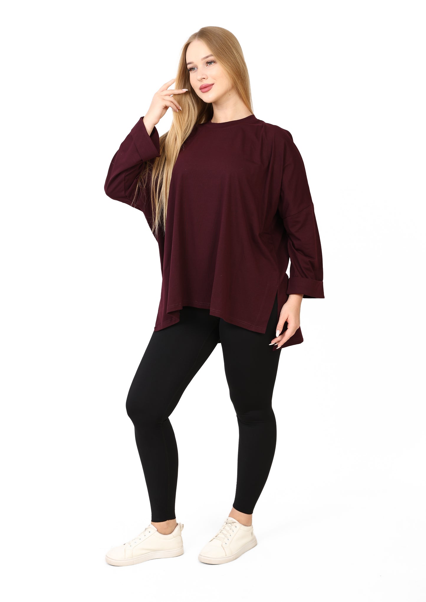 Women’s Oversized Long Sleeve Side Slit Top – Rich Burgundy