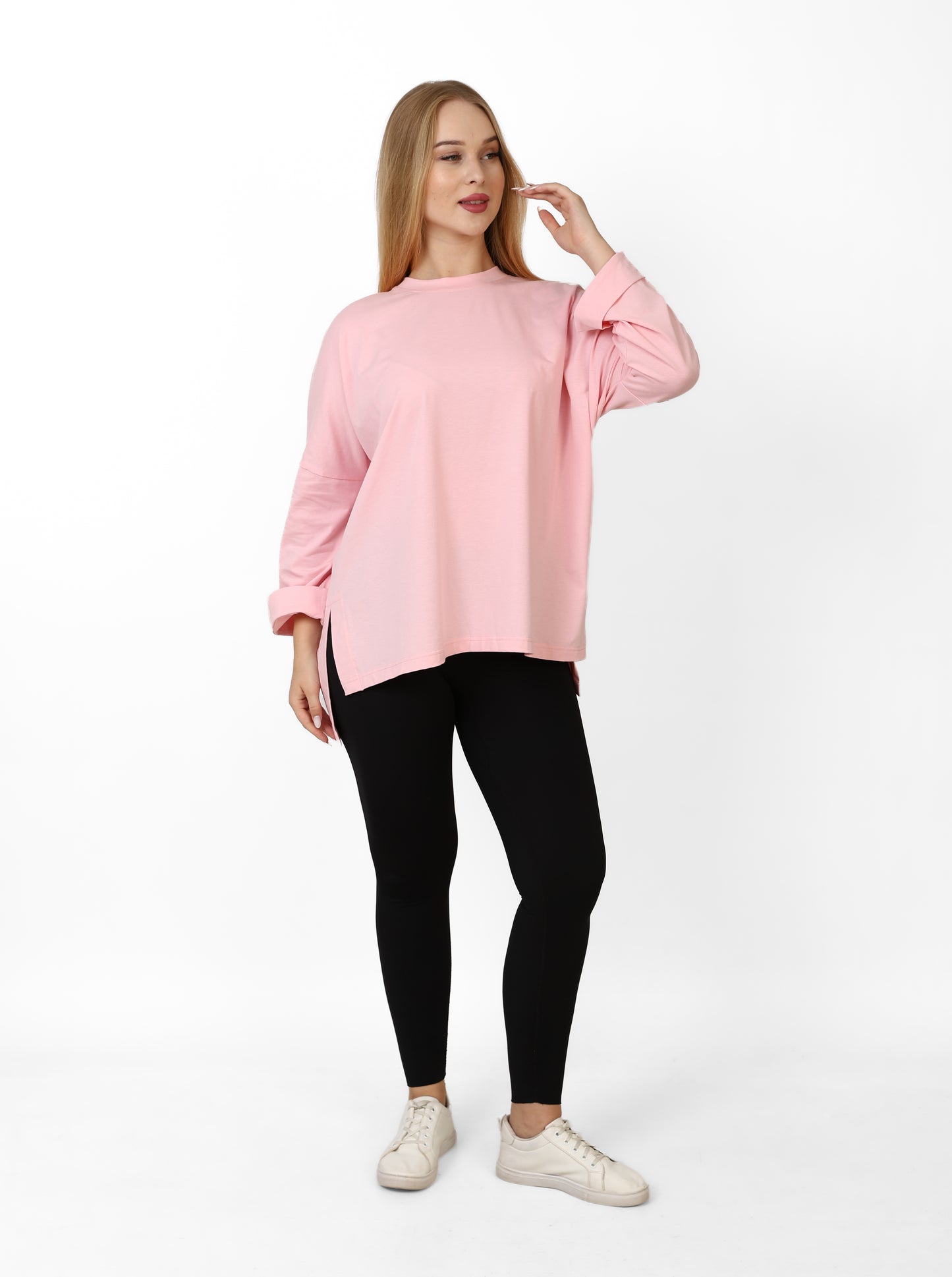 Women’s Oversized Long Sleeve High-Low Cotton Top – Light Pink