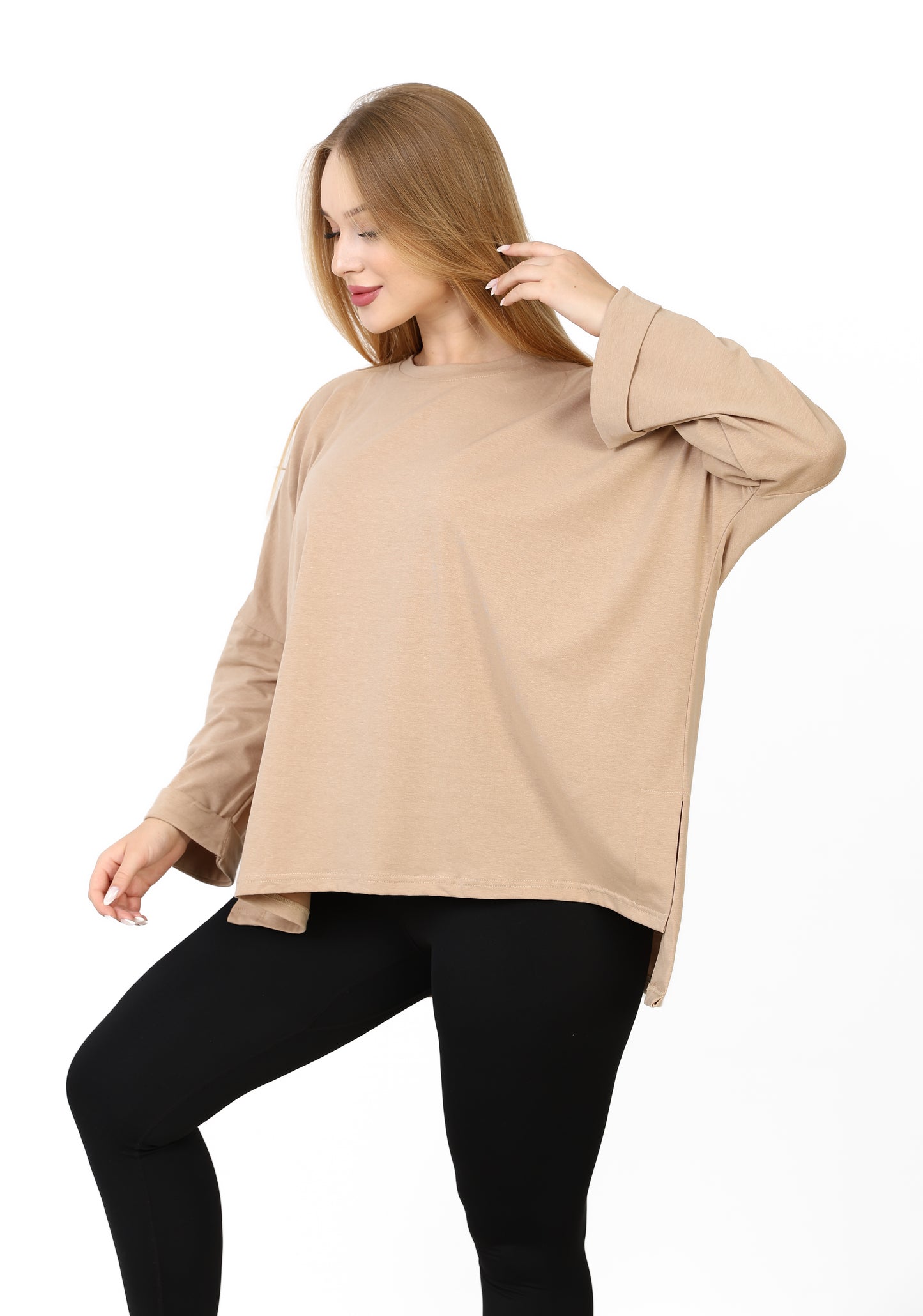Women’s Oversized Long Sleeve High-Low Cotton Top – Beige