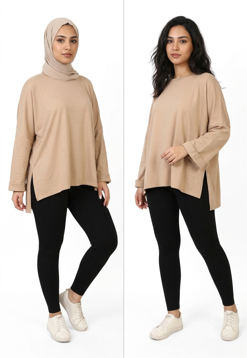 Women’s Oversized Long Sleeve High-Low Cotton Top – Beige