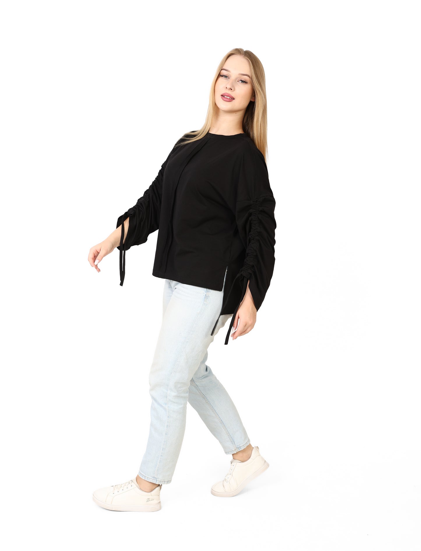 Women’s Adjustable Rushed sleeves oversized top Cotton – Black
