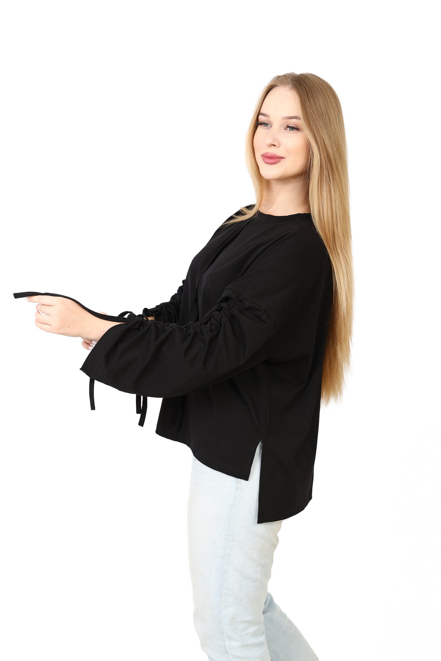 Women’s Adjustable Rushed sleeves oversized top Cotton – Black