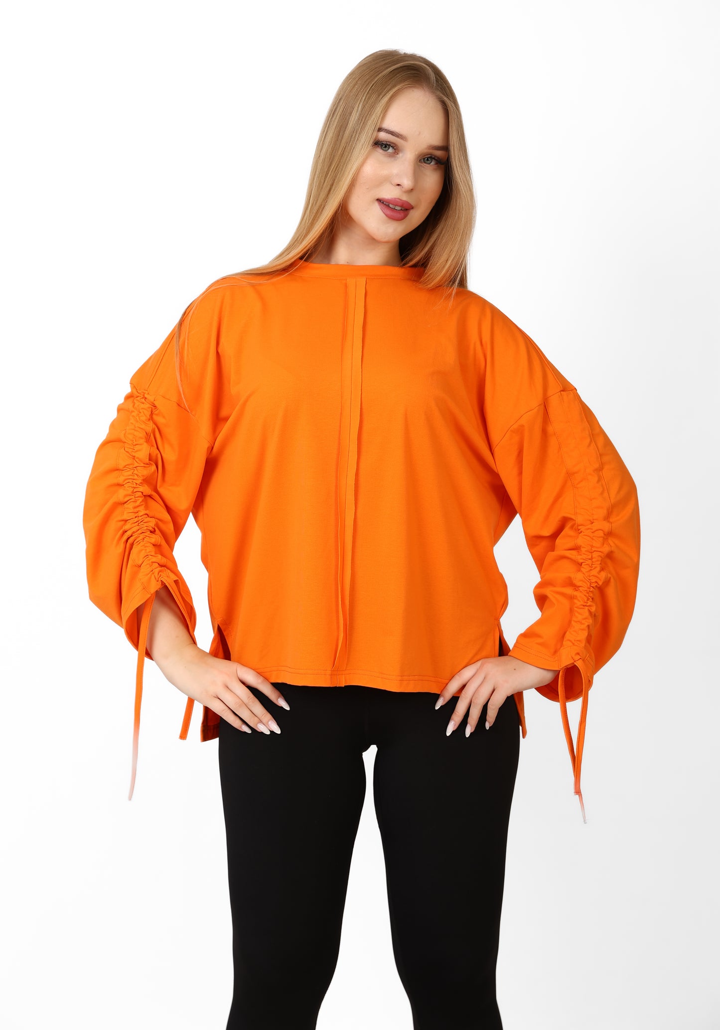 Women’s Adjustable Rushed sleeves oversized top Cotton – Orange