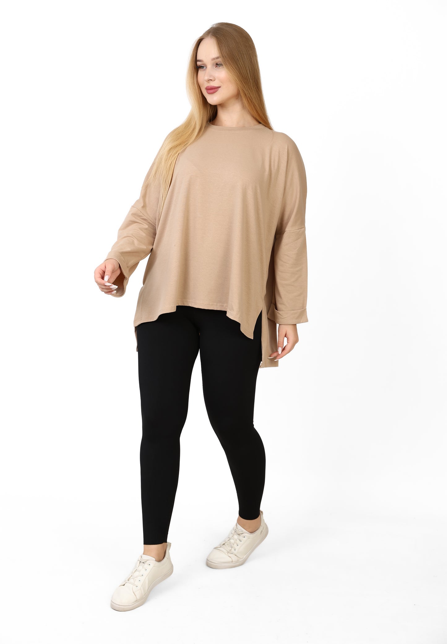 Women’s Oversized Long Sleeve High-Low Cotton Top – Beige
