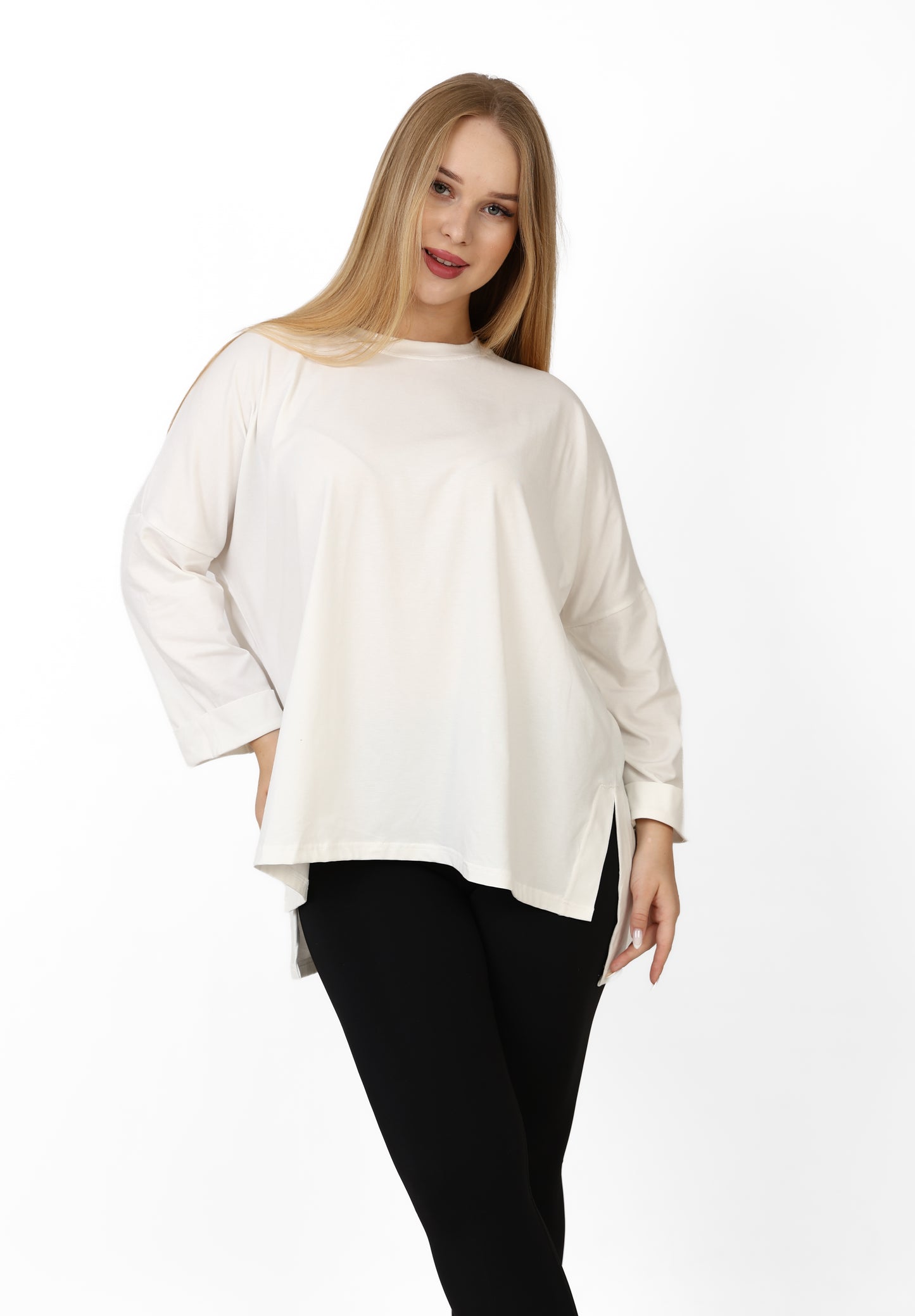 Women’s Oversized Long Sleeve Tunic – Side Slit Modest Top | Ivory