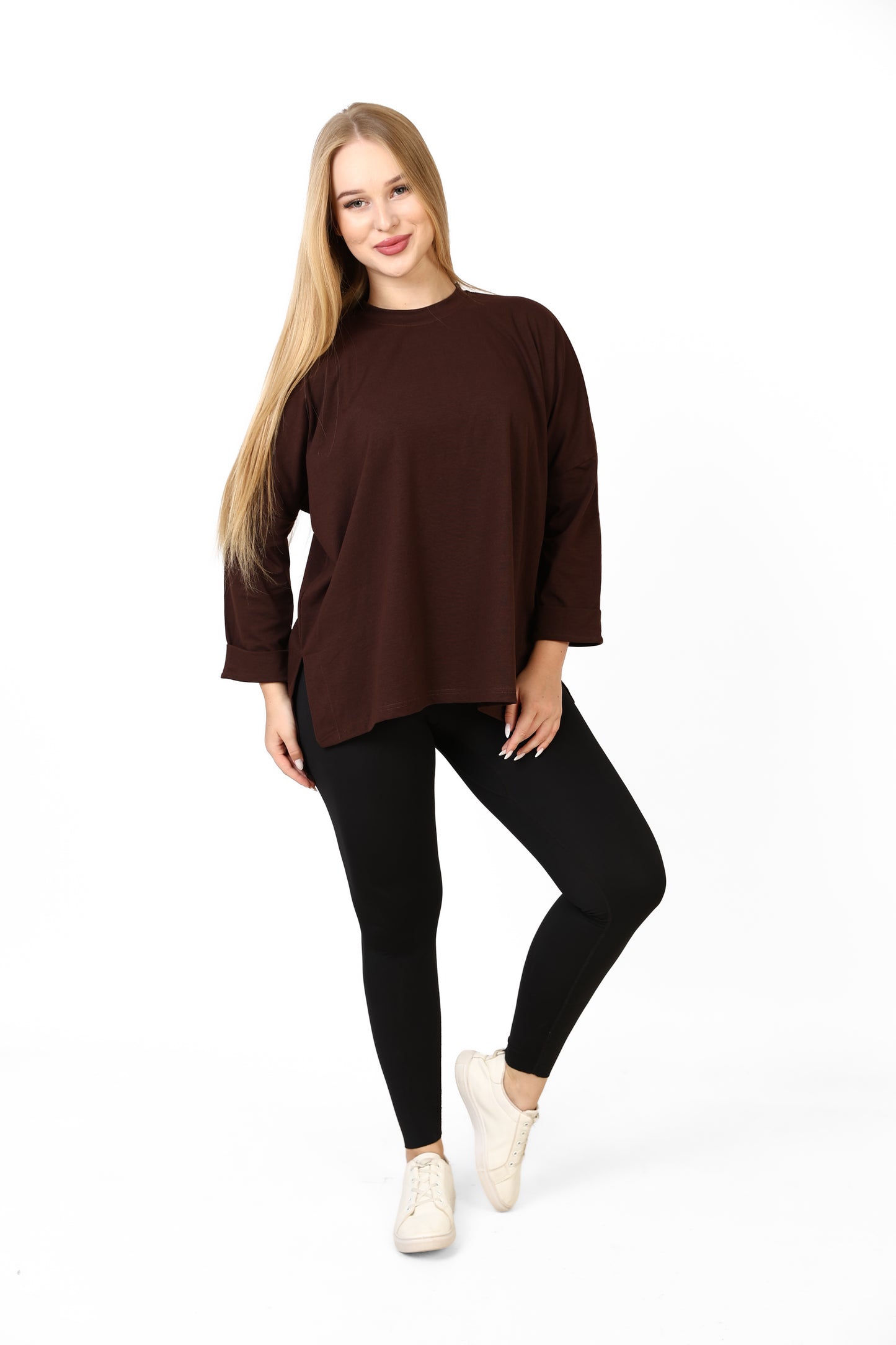 Women’s Oversized Long Sleeve High-Low Cotton Top – Chocolate Brown