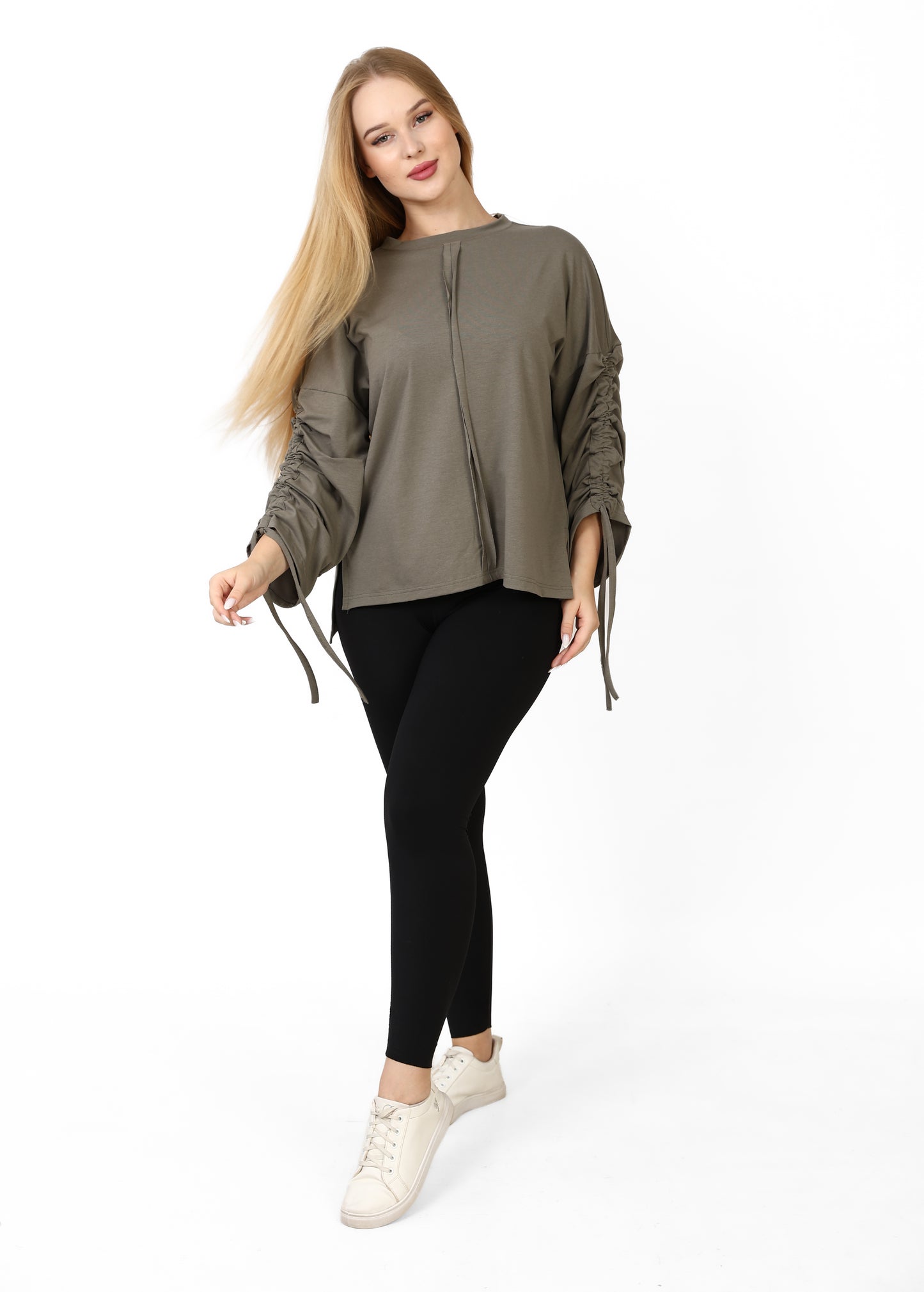 Women’s Adjustable Rushed sleeves oversized top Cotton – olive green