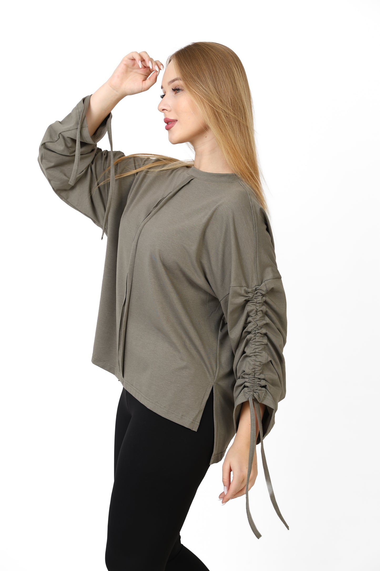 Women’s Adjustable Rushed sleeves oversized top Cotton – olive green