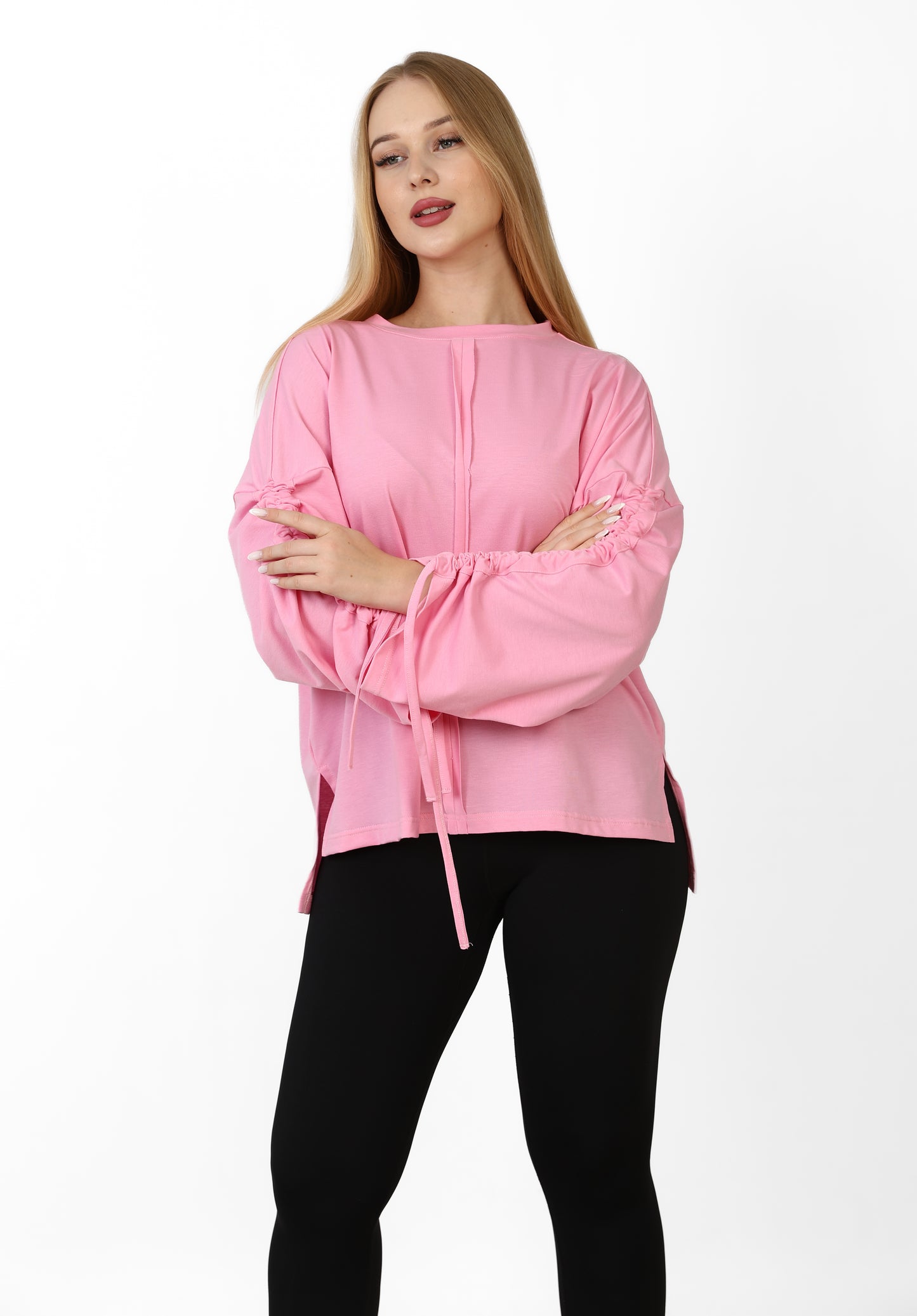 Women’s Adjustable Rushed sleeves oversized top Cotton – Light Pink