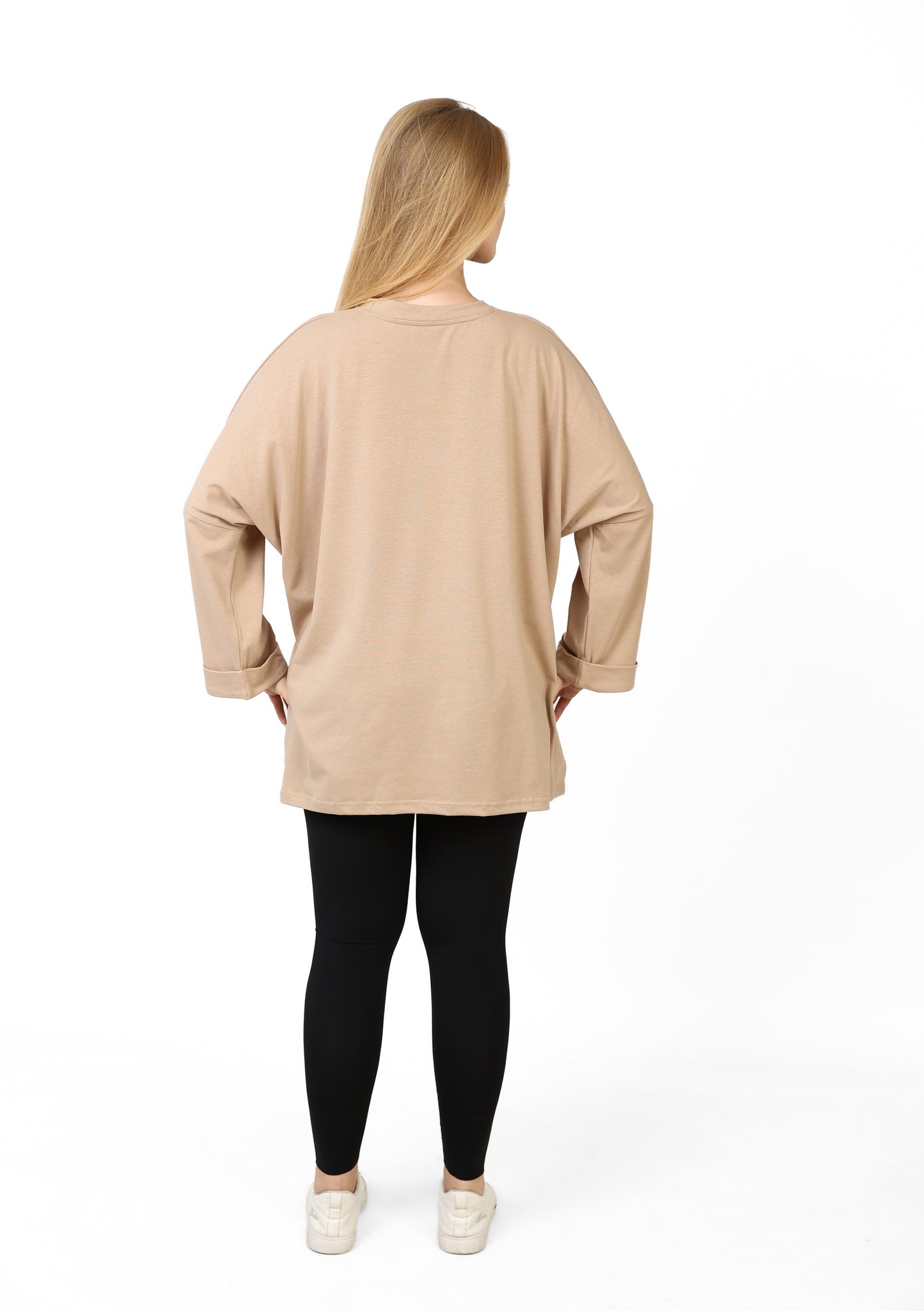 Women’s Oversized Long Sleeve High-Low Cotton Top – Beige